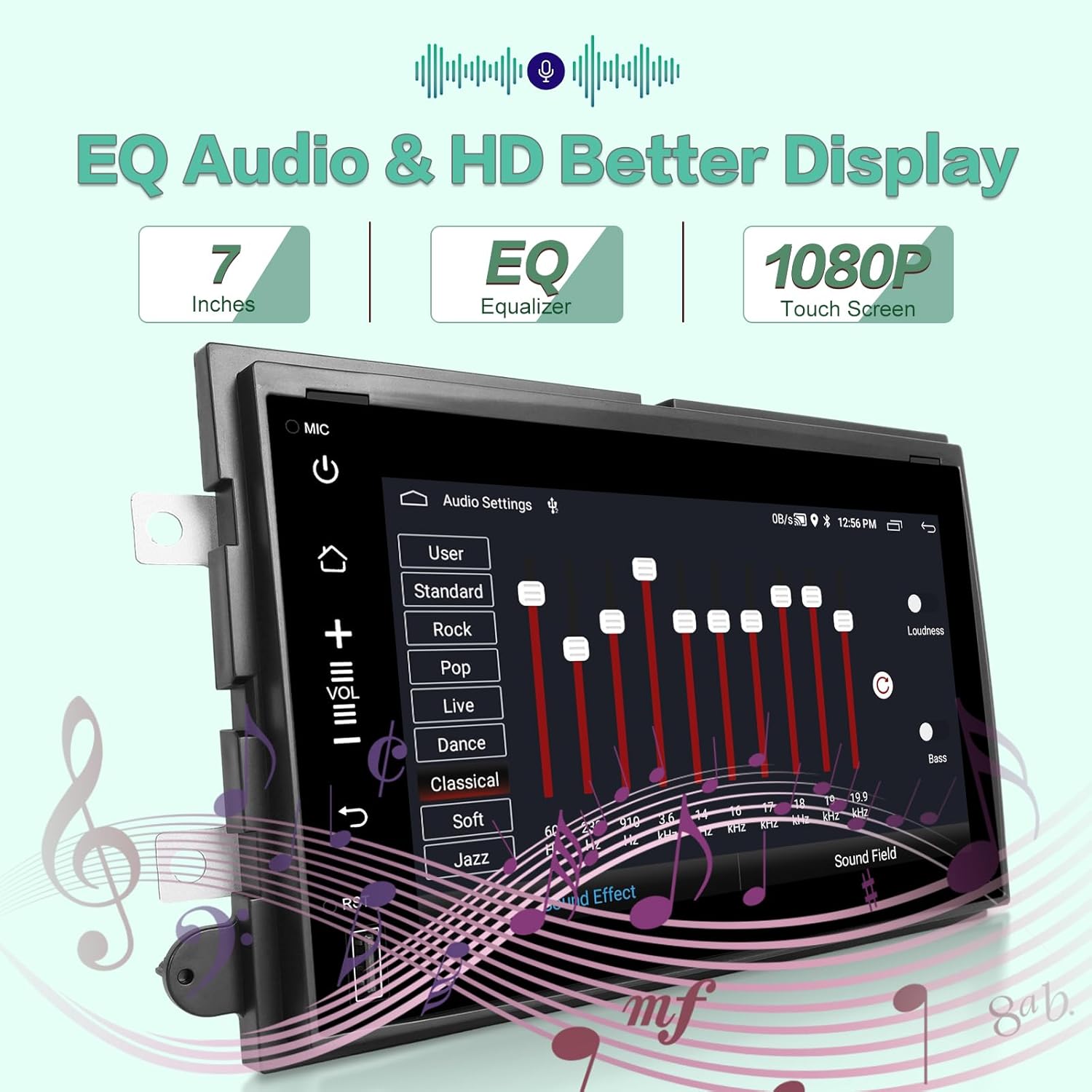 Screenshot of the car radio display showing the EQ audio settings with various frequency bands and sound effects.