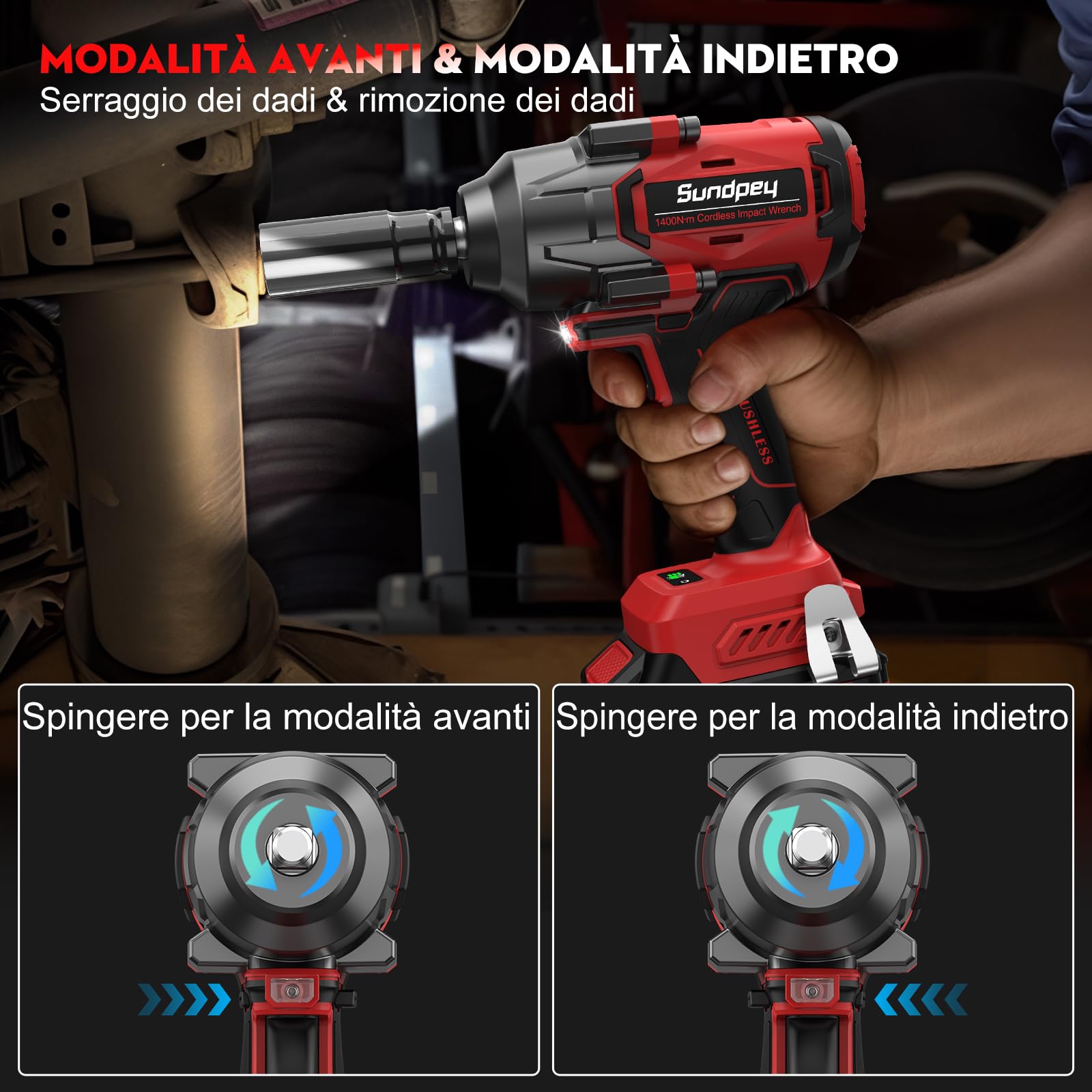 Sundpey 1400 N.m Avvitatore a Impulsi Brushless, 21V Avvitatore ad Impulsi con 2 Batterie da 4.0 Ah & 5 Prese & 9 Punte per Trapano & Adattatore Esagonale da 1/2" per Auto Camion Casa