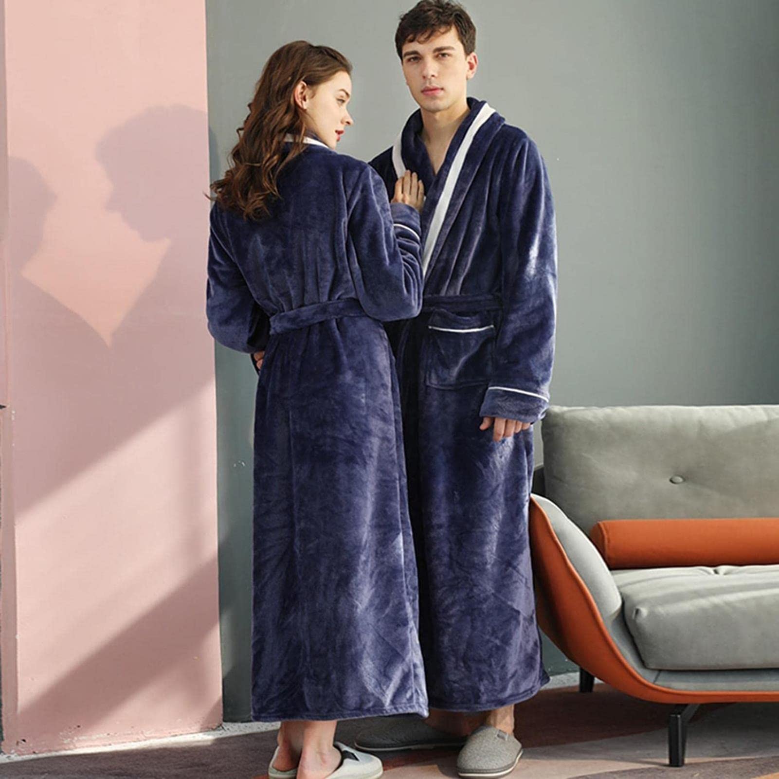 Puszysty szlafrok damski męski zimowy ciepły polarowy szlafrok na całą długość klapa unisex bielizna nocna gruba pluszowa koszula nocna z paskiem