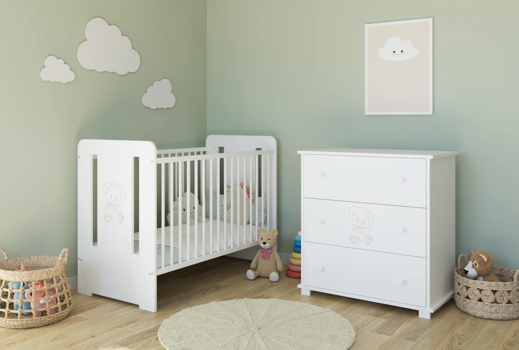 Kids Collective Cassettiera fasciatoio Fasciatoio con attacco per fasciatoio con 3 cassetti e incisione orsacchiotto in bianco Made in Europe