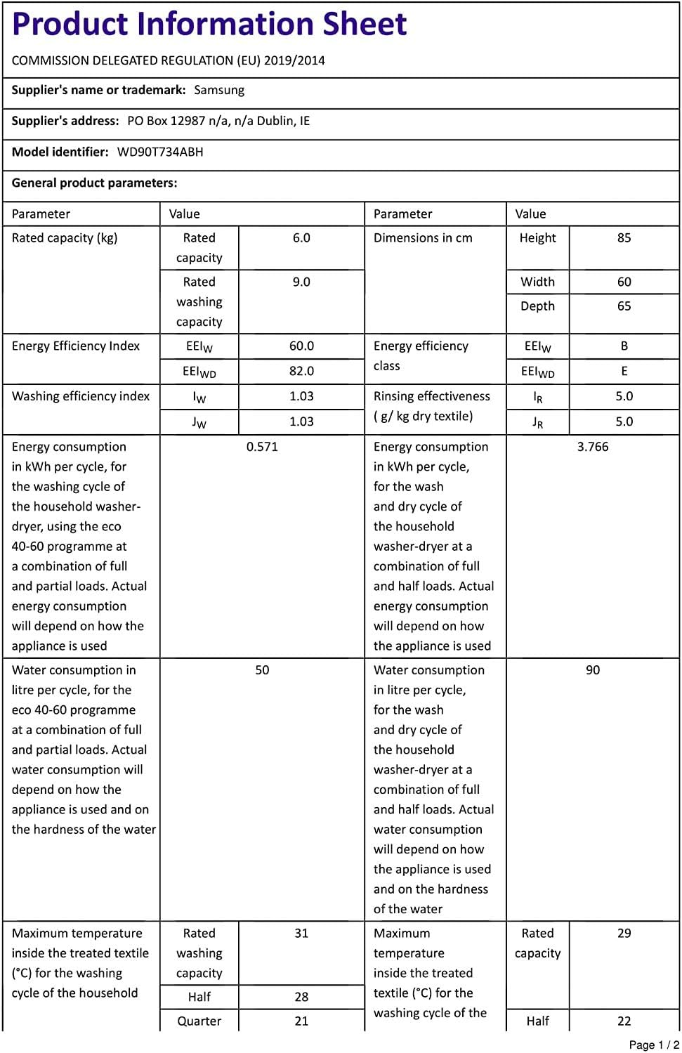 Product Information Sheet for Samsung WD90T734ABH/S3