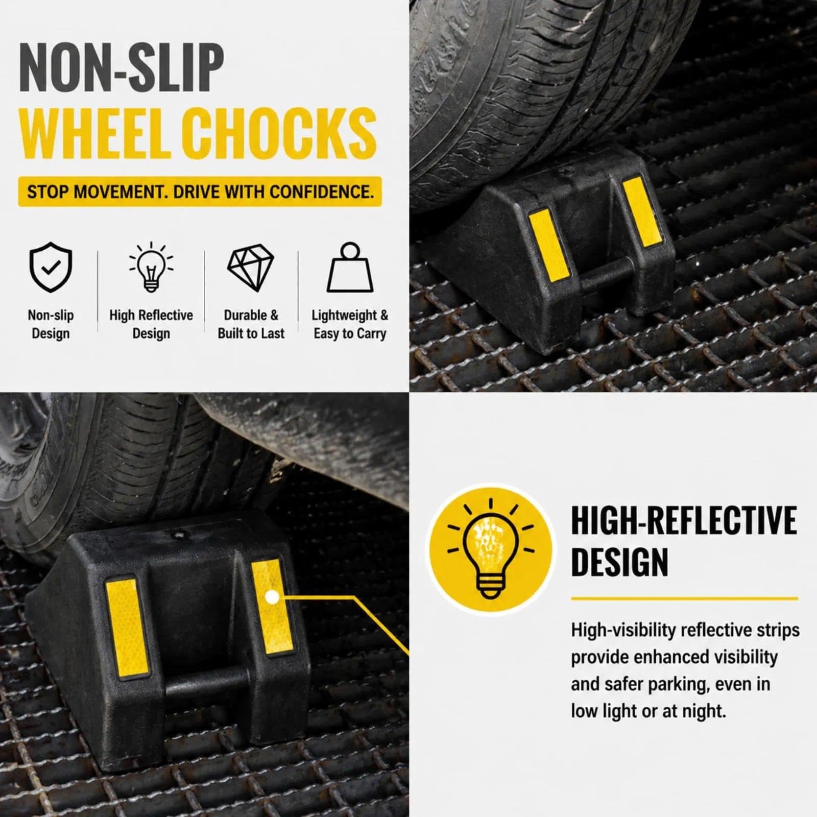 Große Unterlegkeile 4er-Set aus Vollgummi für Wohnwagen & Anhänger | 25 × 18 × 15 cm · 8T Schwerlast · Für große Reifen · Reflexstreifen · Rutschfest · Wohnmobil & LKW