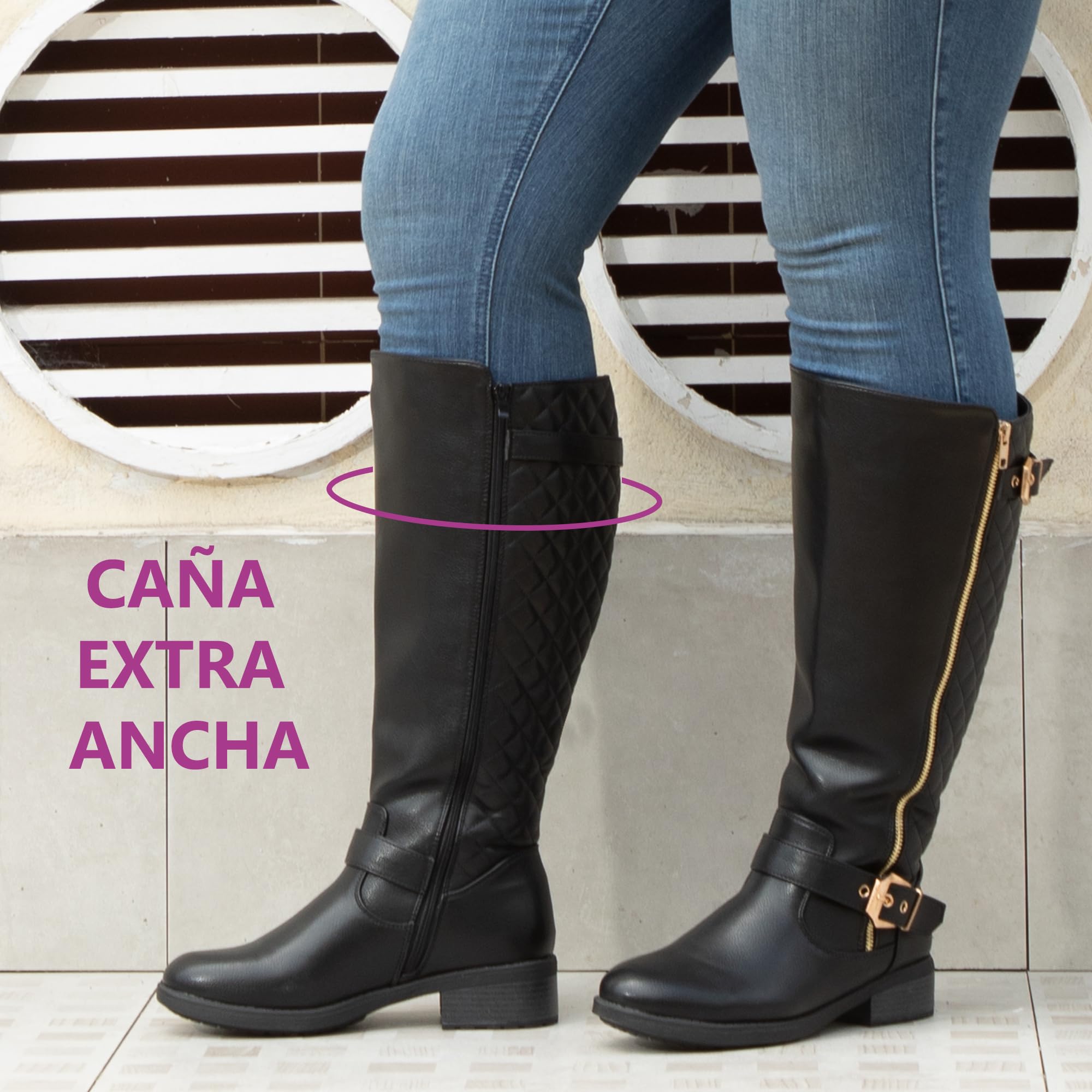 Botas de montar hasta la rodilla extra anchas para mujer, estilo retro, con doble hebilla, estilo chic, para otoño