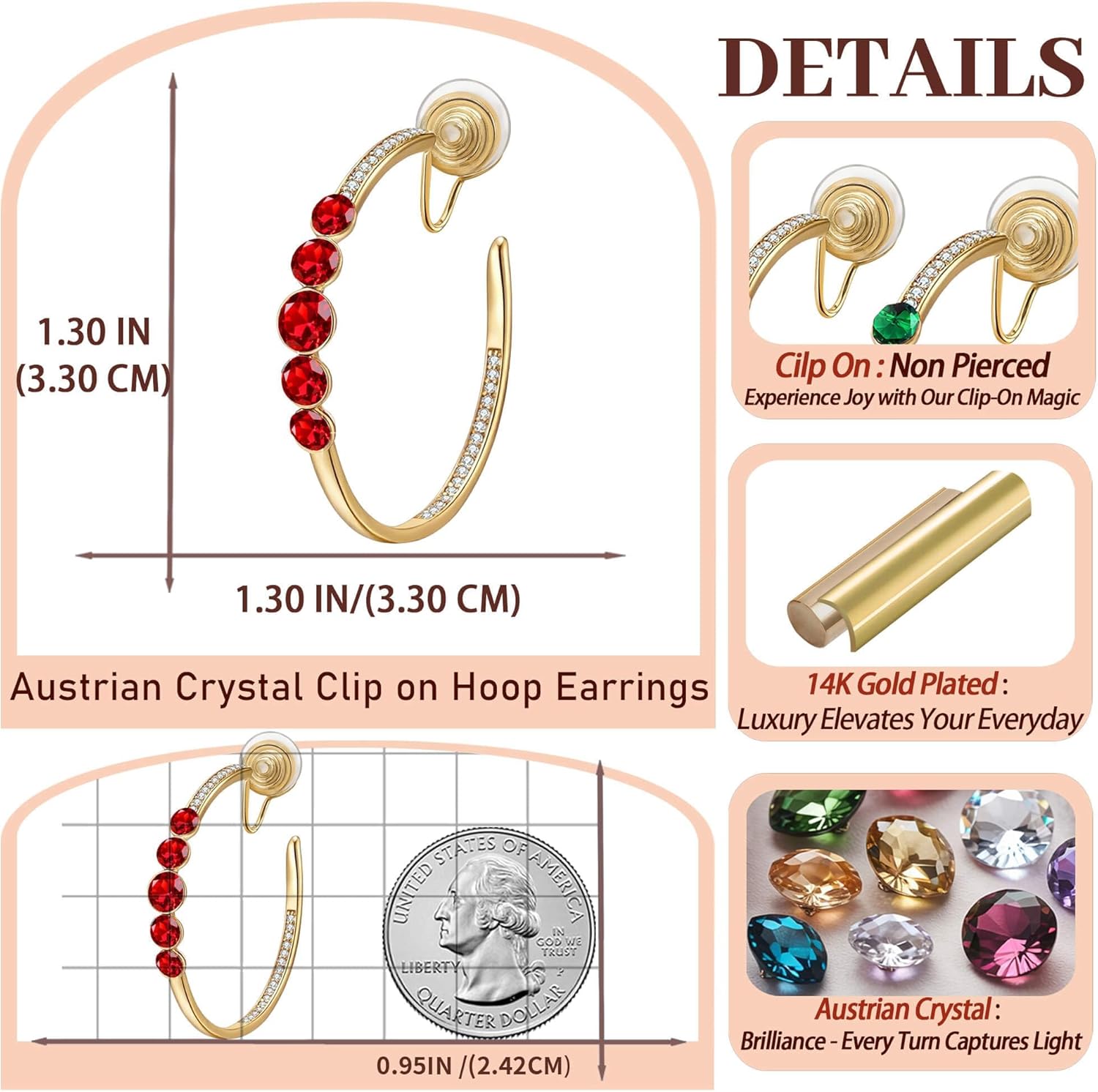 EVEVIC Austrian Crystal Clip On Hoop Earrings for Women Trendy 14K Gold Plated Hypoallergenic Half Hoops Earring Non Pierced Jewelry Gifts - Image 6