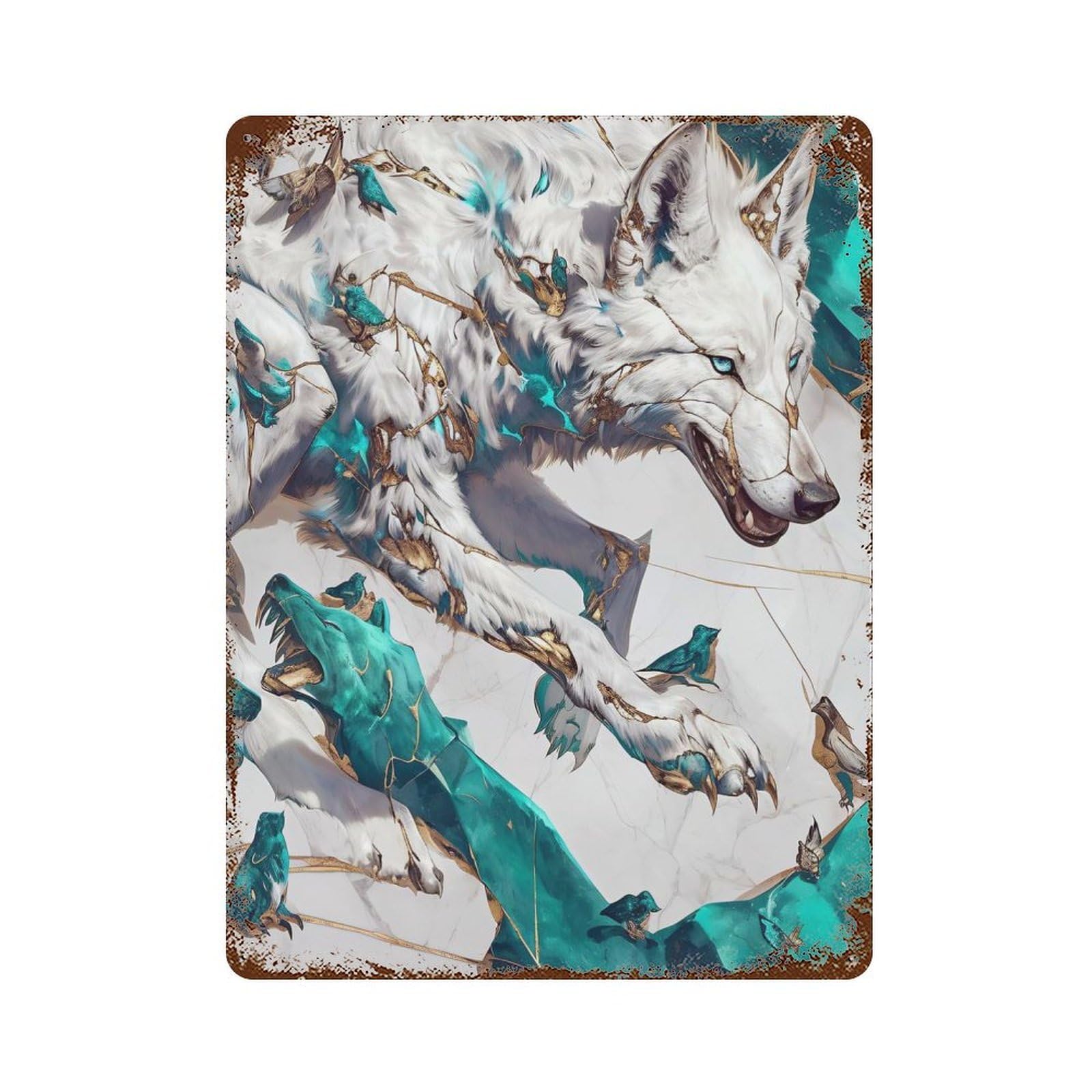 Rust Effect White Wolf with Birds And Emerald Accents Rusty Metal Tin Sign 15.7"x11.8", Farmhouse Wall Decor for Cafe, Home Bar And Lounge Decor