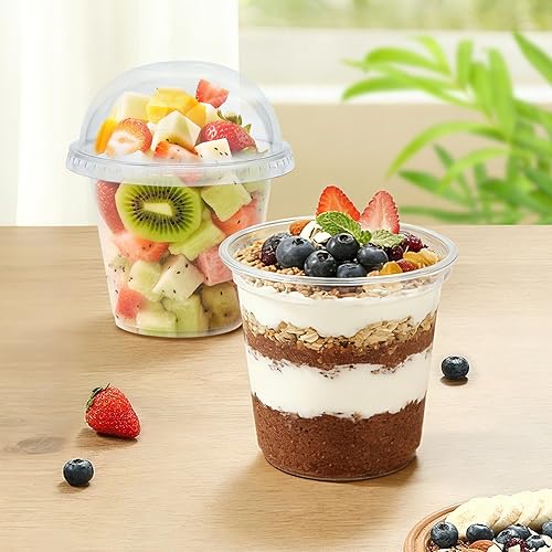 Miniatura 4 de Paquete de 100 vasos de plástico transparente de 9 onzas con tapas de cúpula, taza de postre desechable, taza de frutas, vasos transparentes de PET