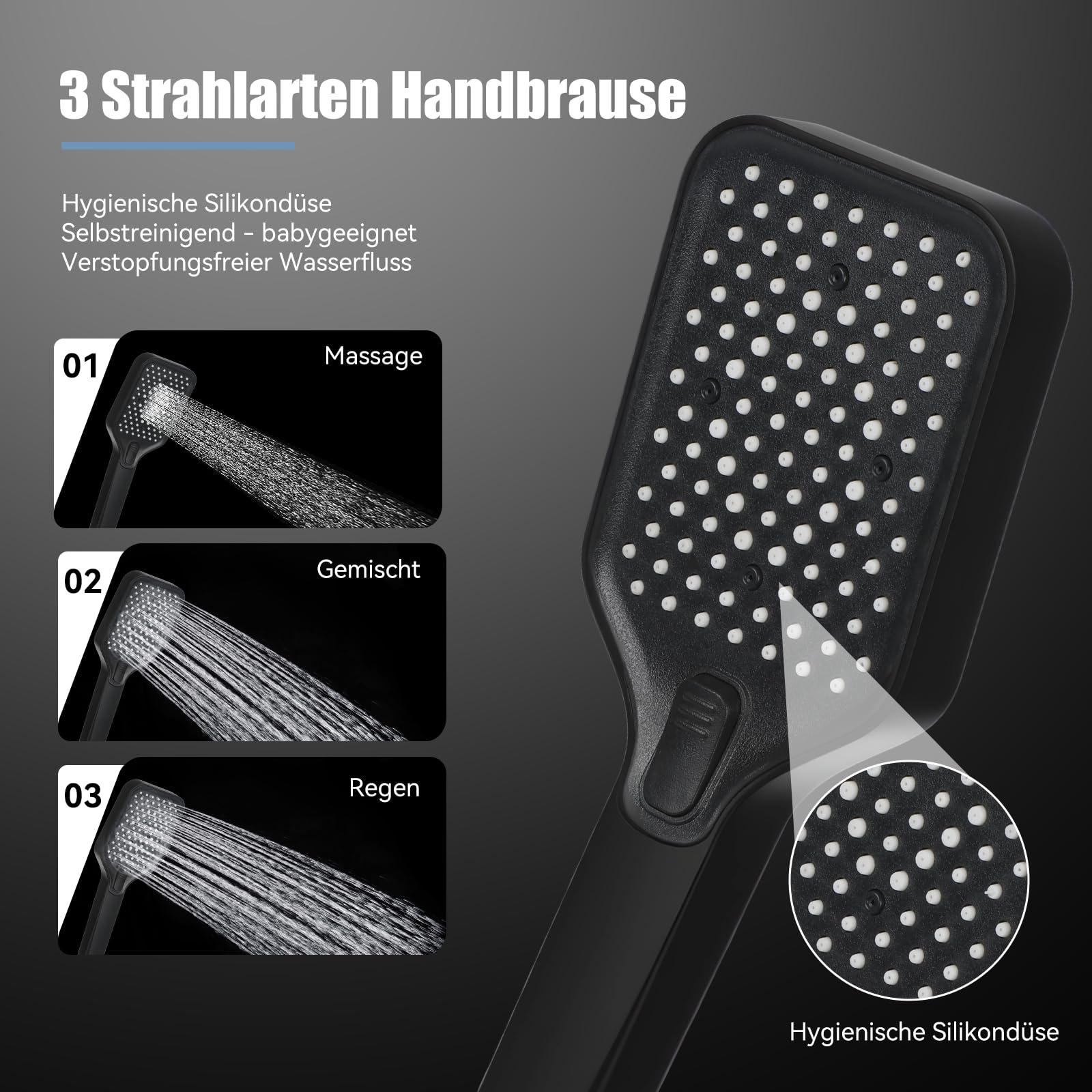 Duschsystem, 4 Strahlarten, Regendusche, Handbrause, Duscharmatur, Wasserhahn, Duschset mit LED-Digitalanzeige, höhenverstellbar, Edelstahl, schwarz