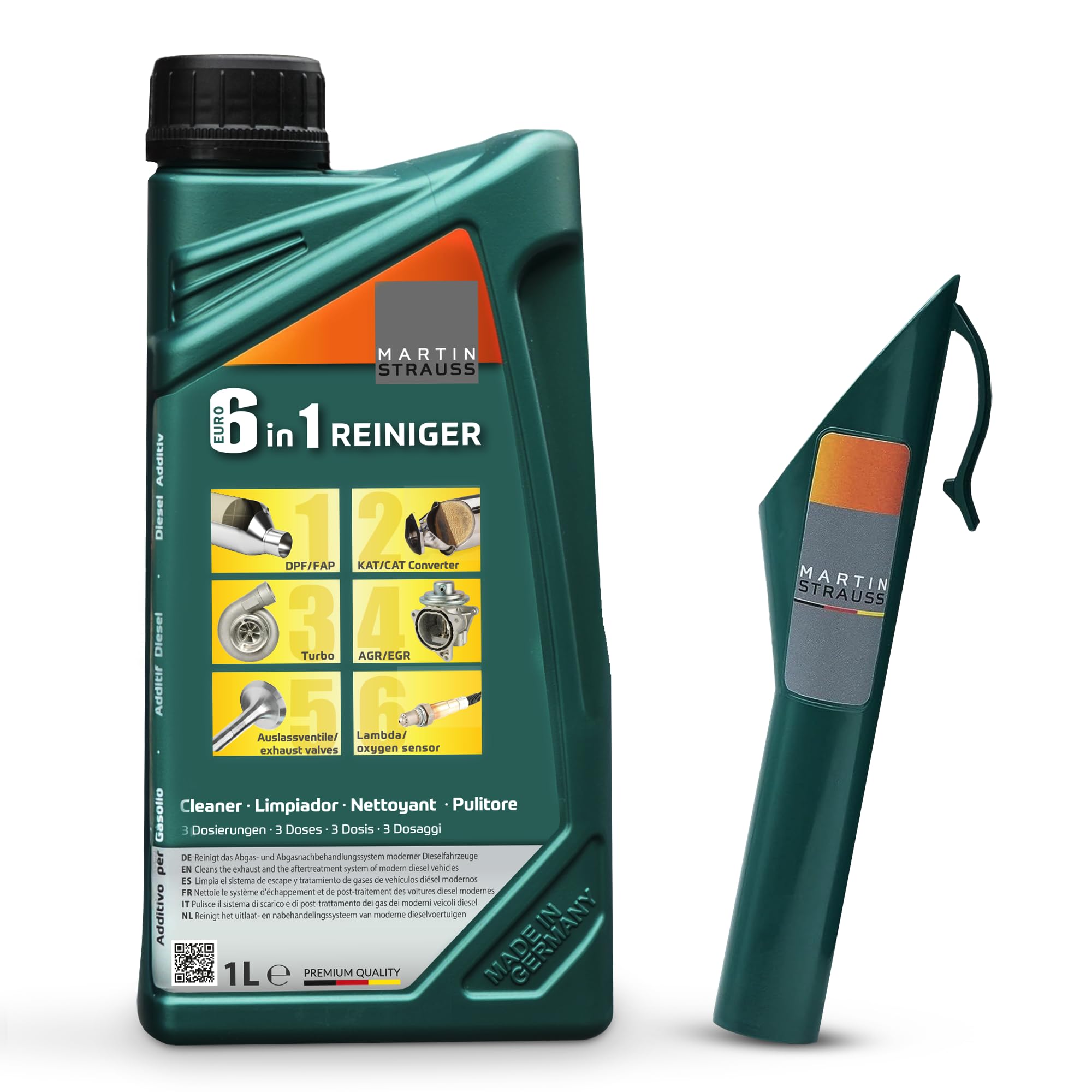 MARTIN STRAUSS® Euro 6 in 1 Reiniger. Kur des Diesel-Abgassystems: AGR, Turbo, Kat, DPF, Lambda, Brennraum. 1 Liter, 3x Dosierungen