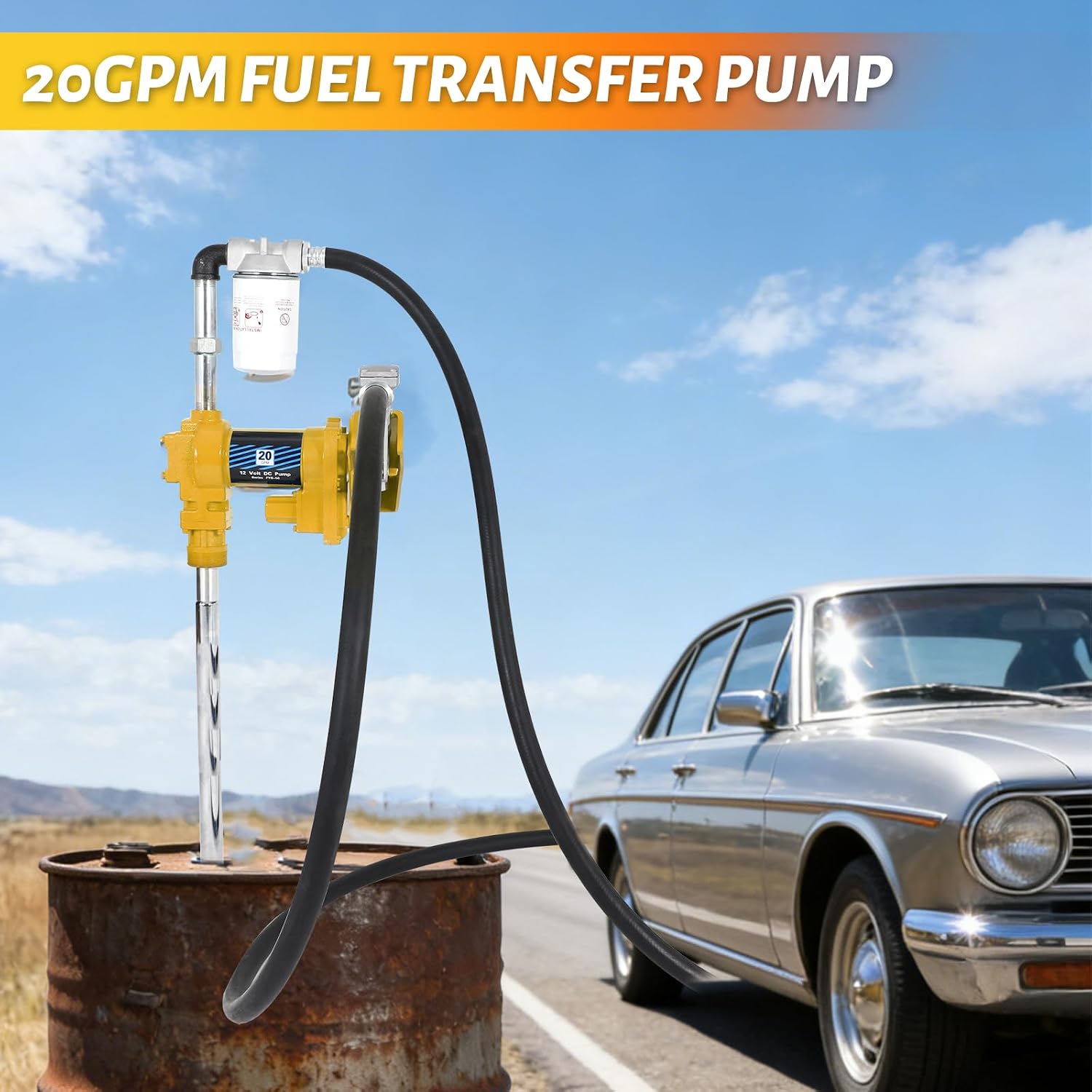 20GPM 12V Fuel Transfer Pump with Manual Nozzle, Particulate Filter for Gasoline Diesel Kerosene Biodiesel-Yellow