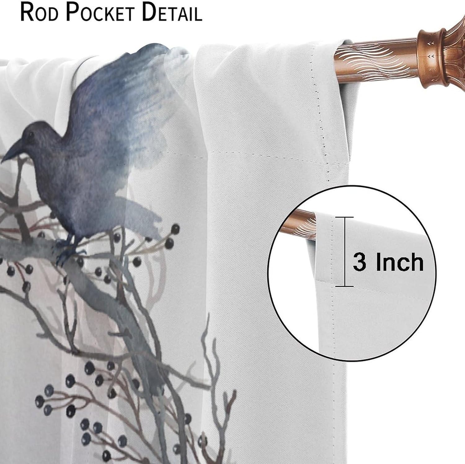 Raven Crow Curtains, Watercolor Forest Black Birds Raven Halloween Window Treatments Curtains for Living Room Bedroom Kitchen Bathroom Home Decor W55xL63in