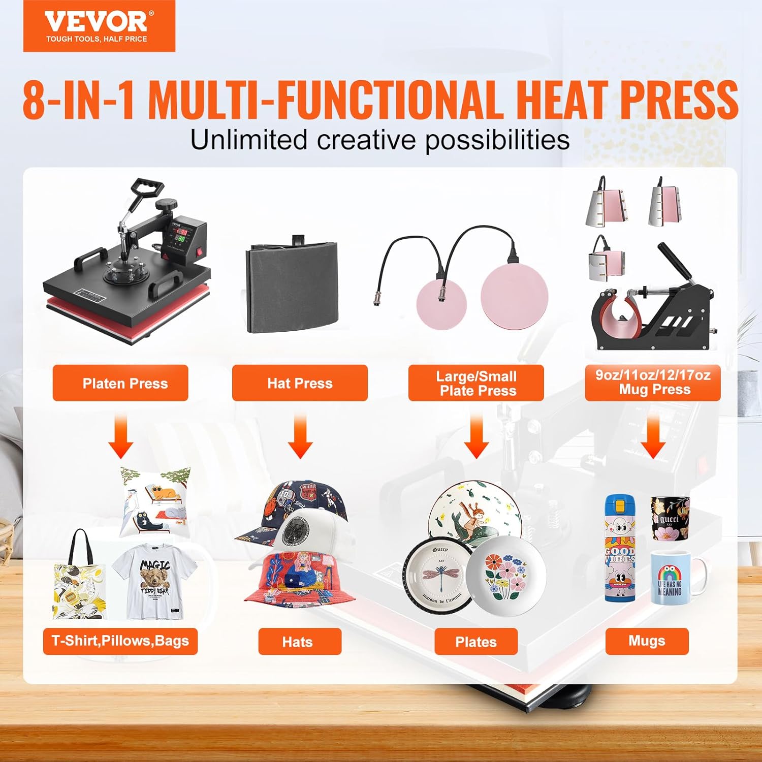 vevor heat press machine 8 in 1 combo heat press 15x15 inch heat transfer machine 360-degree swing away digital tshirt press multifunction heat transfer sublimation for t shirts mugs hats plates caps 8 in 1 black-15x15