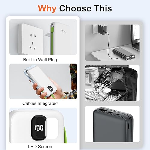 Miniatura 5 de Cargador portátil con cables integrados y enchufe de pared de CA, banco de energía USB C de 10000 mAh, cargador de teléfono, batería externa