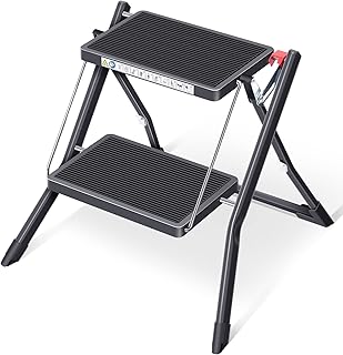 KINGRACK Folding Step Ladder, 2 Step Foldable Step Stool, Portable Stepladder with Handle, Non-Slip Rubber Mat, Release Button, Small Household Stepping Stool for Home Kitchen, for up to 330lb, Black