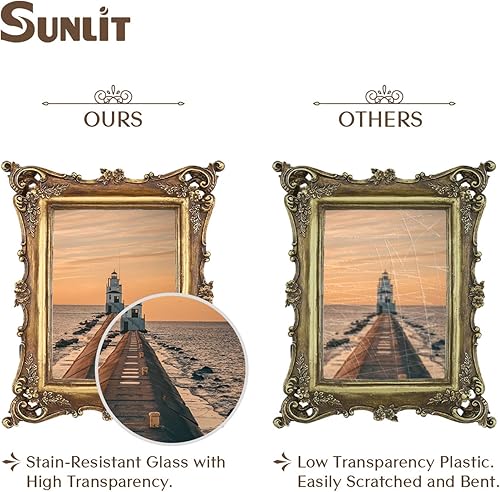 Vista 3 de Sunlit Vintage Picture Frame 5x7 Inch, Luxury Antique Photo Frames with Glass Front, Photo Display, Tabletop Wall Hanging, Gift Ideas, Bronze Gold