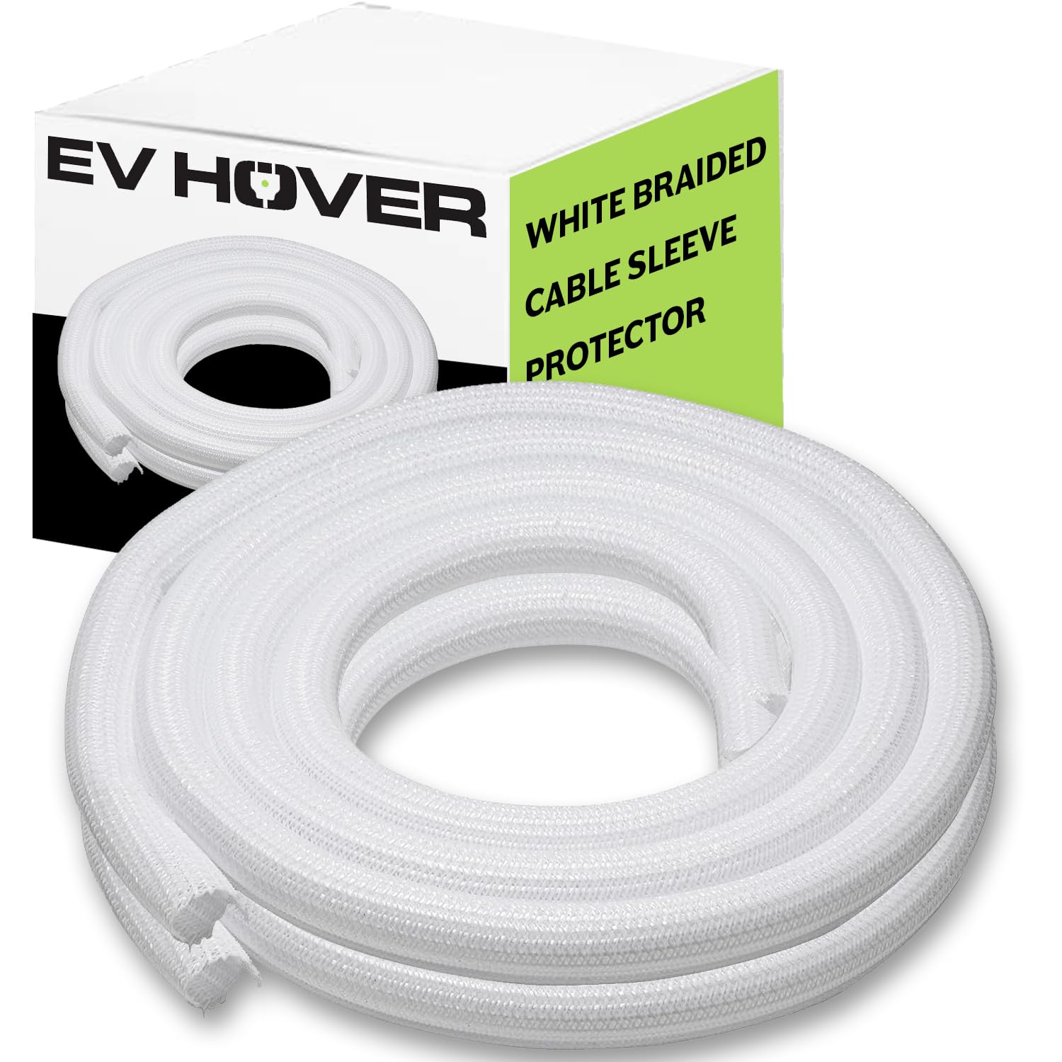 EV Hover Cable Wrap for EV Cable Management System - Self-Wrapping Split Sleeve Braided Loom EV Charging Cable Wrap - Weatherproof - UL Listed - White
