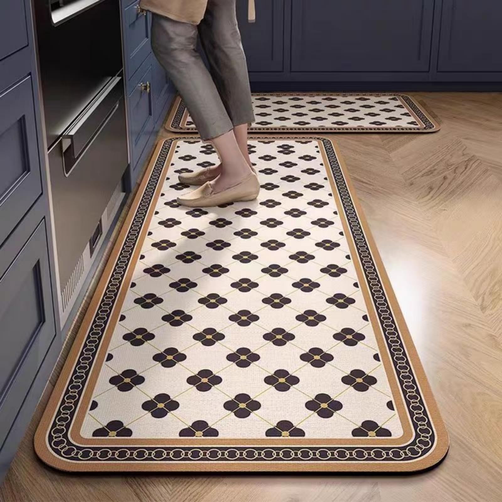 Tapis de cuisine lot de 2 design fleur noire 50x160cm antidérapant
