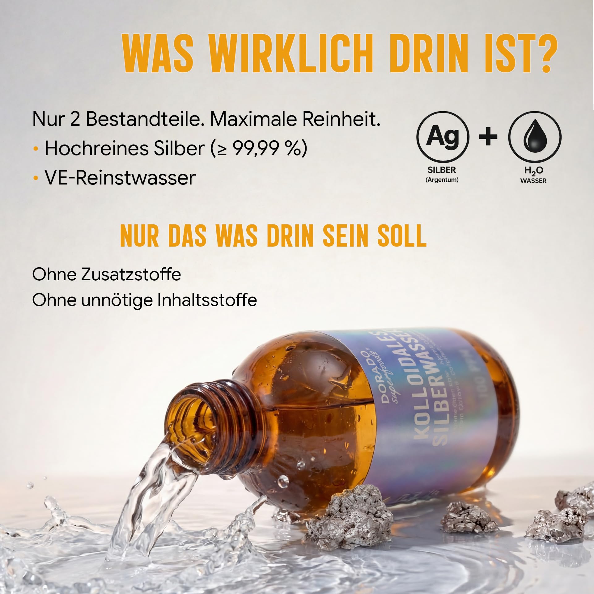 Kolloidales Silber 200 ppm – 1000 ml (4x250 ml) – Silberwasser, Braunglasflasche, Premium Qualität – Dorado Superfoods®