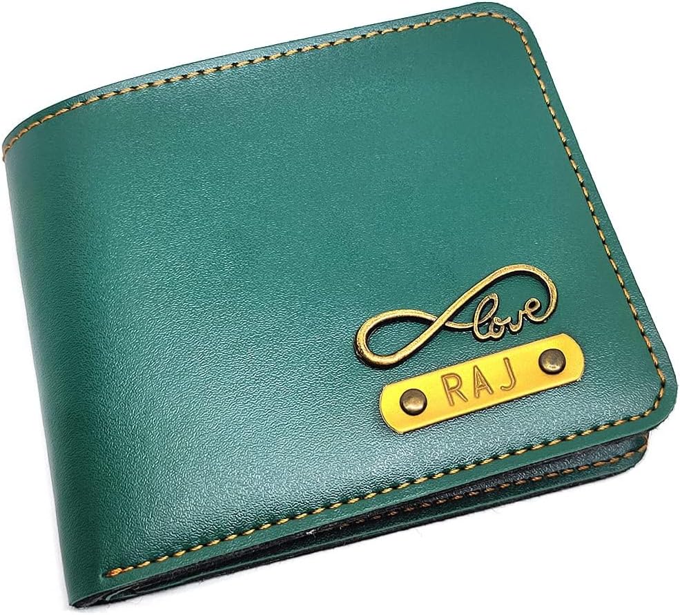 The Unique Gift Studio Men's Leather Wallet with Personalised Name with Logo - Green Color, Green, Set of 1, Modern