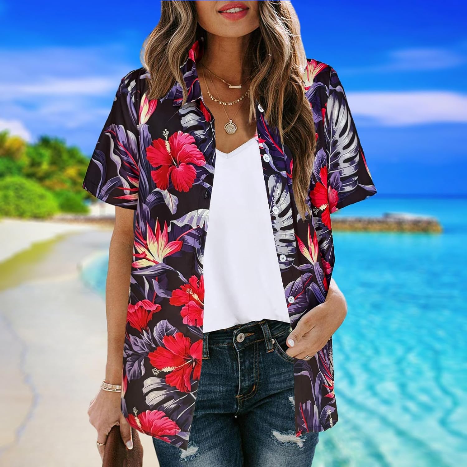 Hawaiian Button Up Shirts Women Floral Palm Trees Graphic Tees Hawaii Vacation Beach Short Sleeve Blouse Tops - Image 3