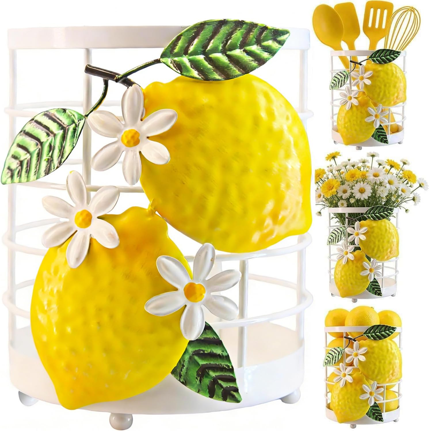 Lemon Kitchen Decor 3D Hand-Painted Utensil Holder 7.1" Cast Iron Steel Mesh Storage Container, Yellow Utensil Crock Organizer for Utensils, Fruit, Vase - Lemon Decorations for Kitchen