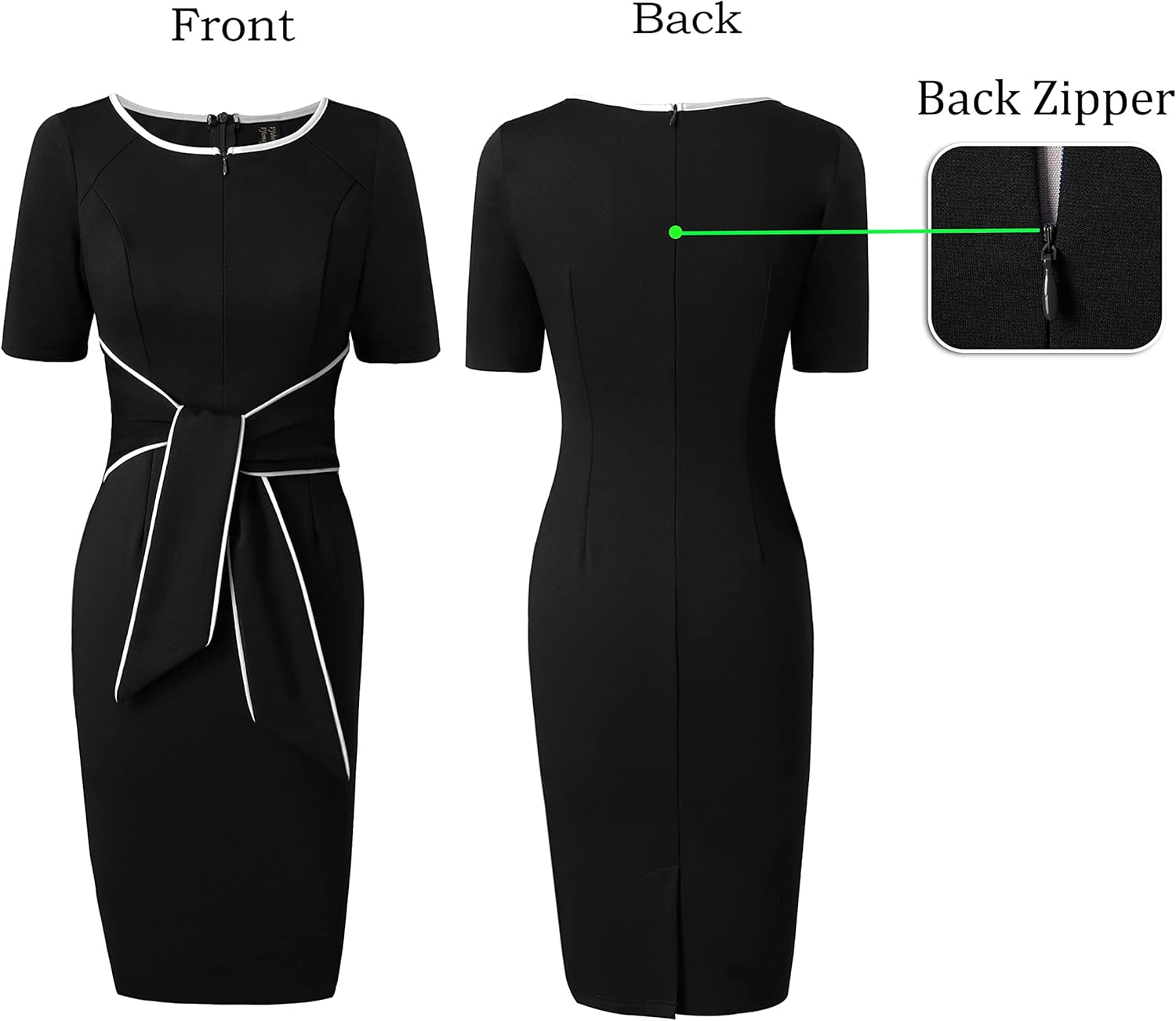 VFSHOW Womens Front Zipper Tie Waist Bow Short Sleeve Slim Fitted Work Business Office Party Bodycon Pencil Sheath Dress - Image 5
