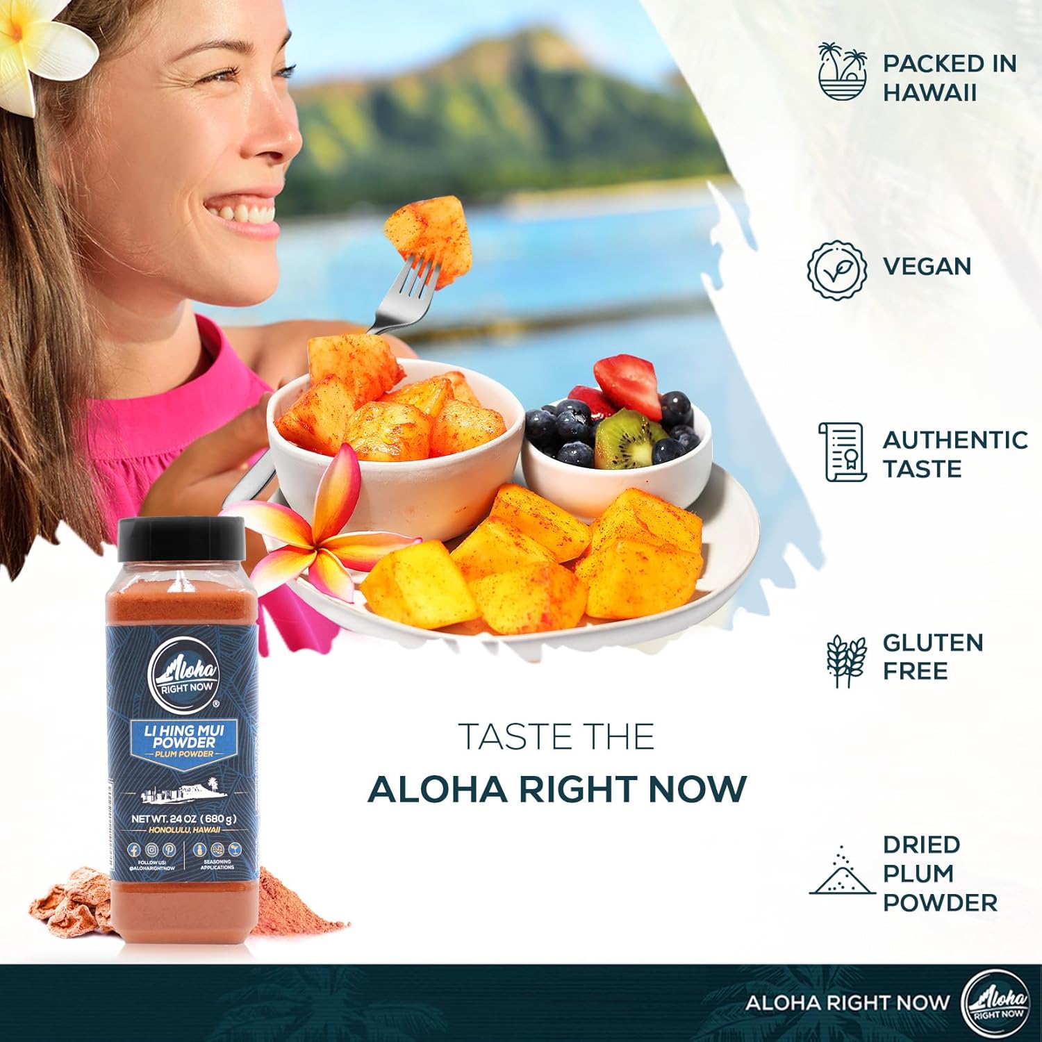 Aloha Right Now Authentic Li Hing Mui Powder 24 oz Shaker for flavoring fruits, candy, & cocktail drinks - Sweet, Sour & Salted Dried Plum Powder - Asian Hawaiian Snack - Bulk Size