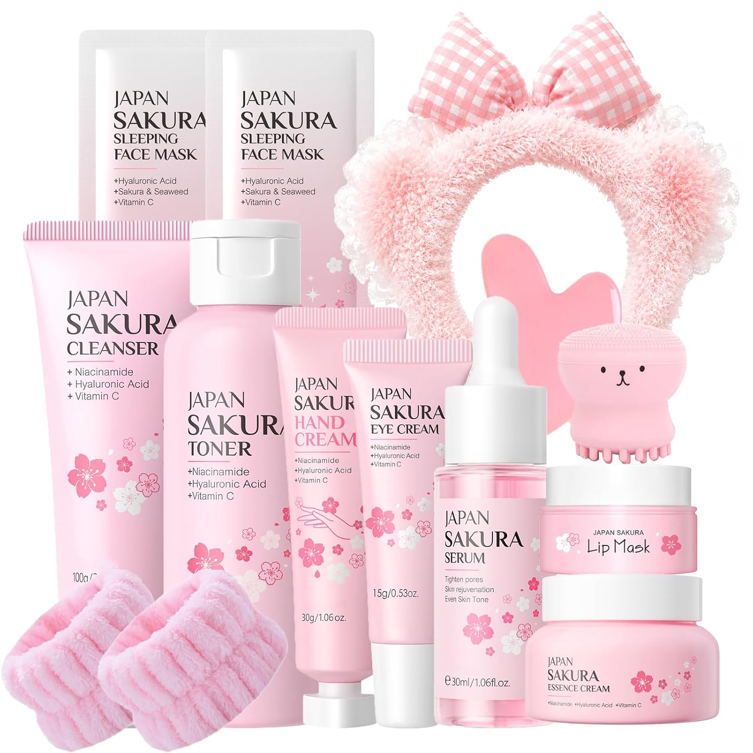 Sakura Skin Care Set,Birthday Gifts For Teen Girls Women,Korean Skincare Gift Kits with Facial Cleanser,Toner,Serum,Cream,Eye Cream,Lip Mask,Hand Cream and Facial Mask,Christmas Stocking Stuffers