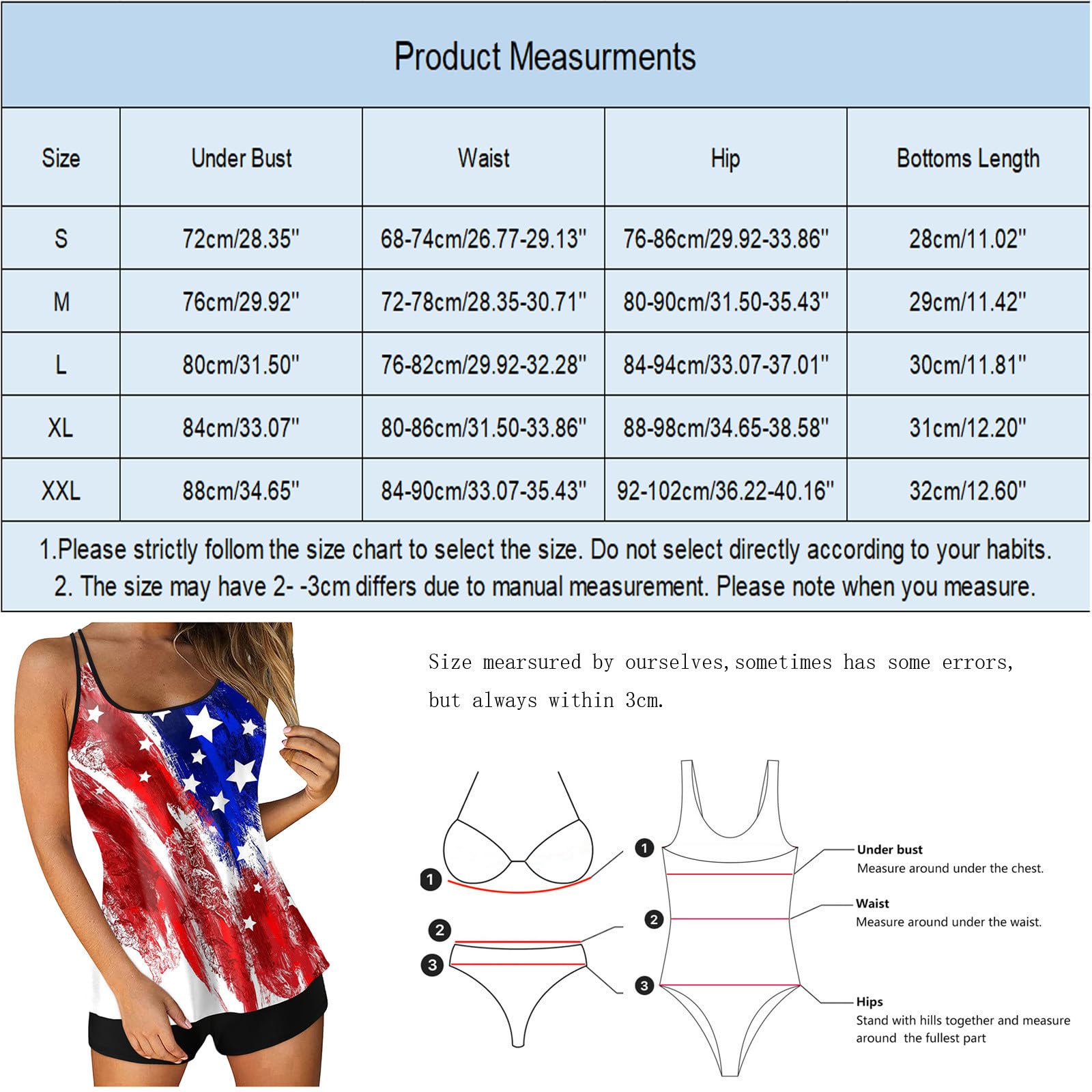 Generisch Costume da bagno tankini da donna, costume da bagno a due pezzi, 4 luglio, canotta stampata con parte superiore lunga