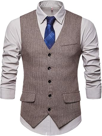 COTTORY Mens Single-Breasted Tweed Suit Vest Classic Dress Waistcoat For Casual And Formal