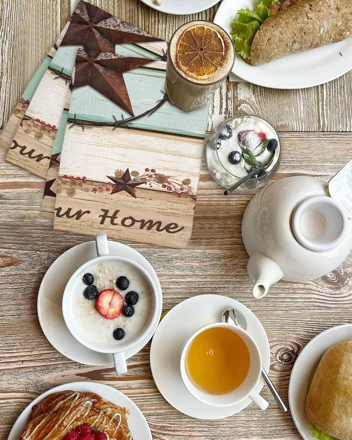Western Texas Star Green Hand Towels Set,Waffle Weave Kitchen Towels 2 Pieces,Farmhouse Brown Country Vintage Microfiber Hair Face Bath Tea Towel Absorbent Drying Cleaning Dish Cloths,15.7"x23.6"