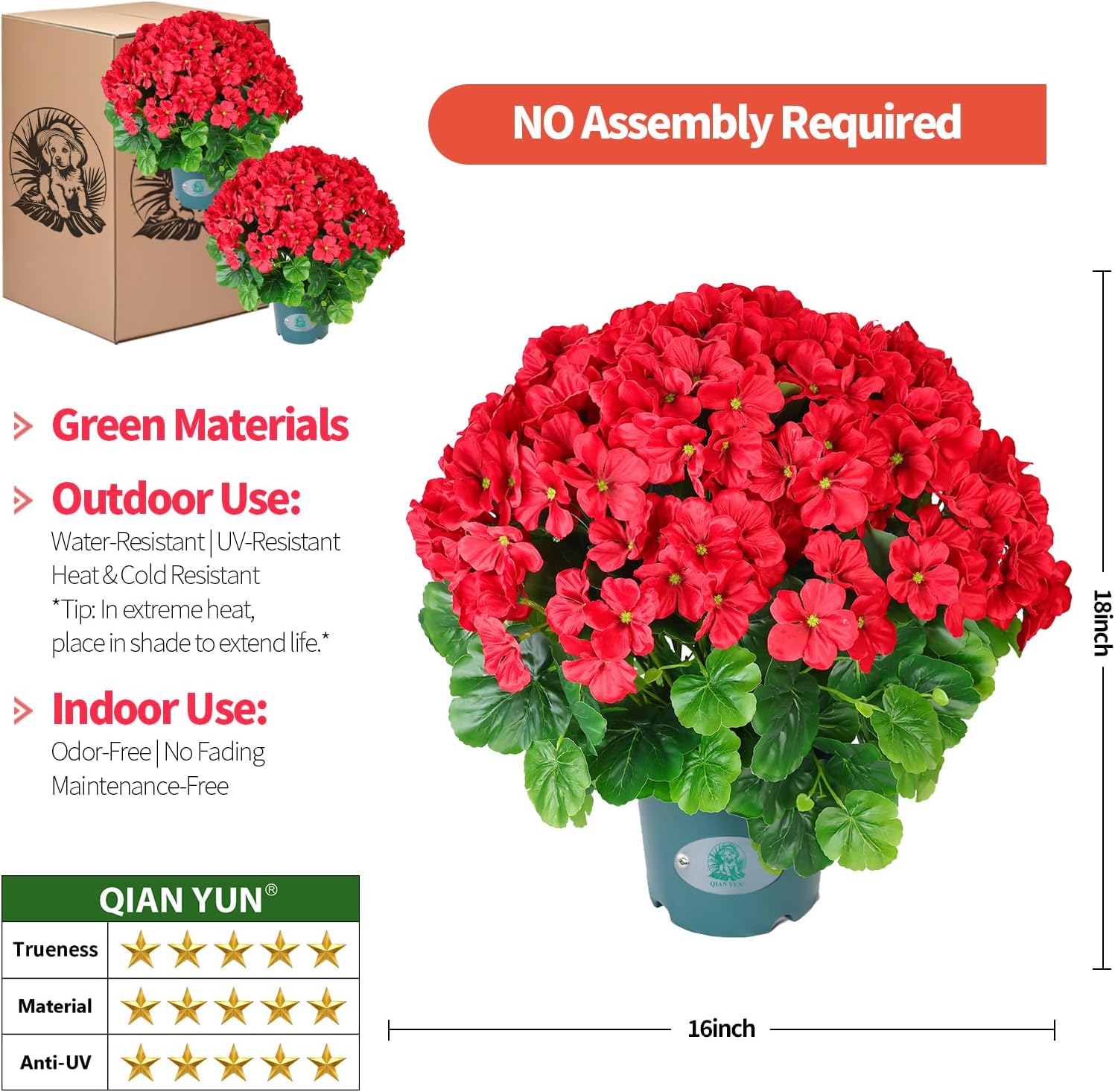 Geraniums Artificial Flowers Realistic – 2 Pack 18" Potted Faux Geranium Plants Deep Pink, UV Resistant Silk Flowers for Outdoor Indoor Front Porch Garden Home Decor (2, Red) - Image 5