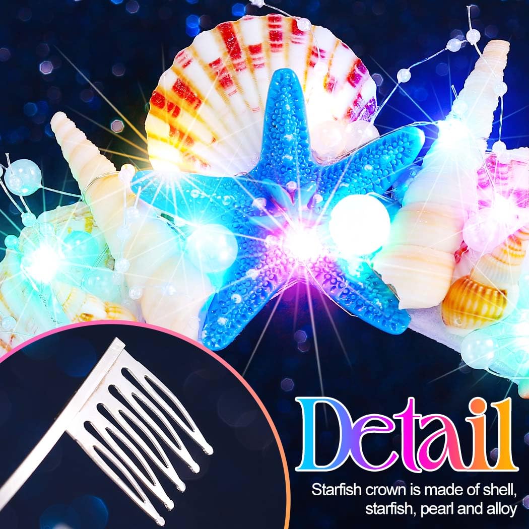 Kilshye Light Up Mermaid Crown Starfish Tiara Shell Beach Headband Hair Accessories for Women - Image 4