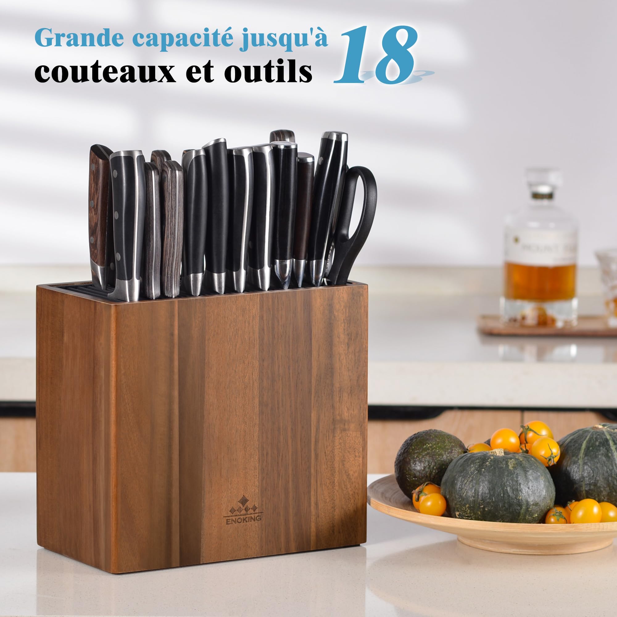ENOKING Porte Couteaux en Bois D'acacia, Range Couteaux de Cuisine Universel Avec Couvercle en Plastique, Bloc Couteaux Cuisine Vide de Haute Qualité Pour Couteaux Et Ciseaux À Volaille/aiguiseur