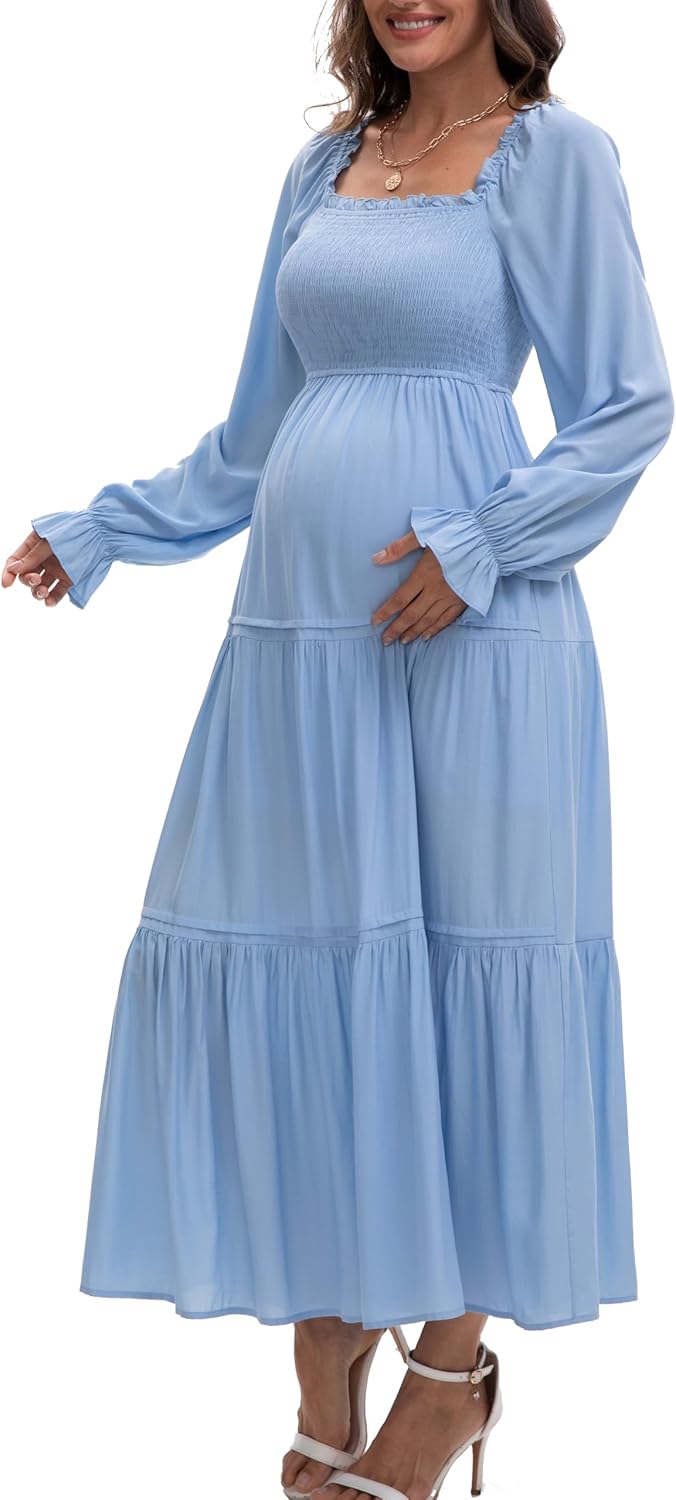 Women's Fall Long Sleeve Maternity Maxi Dress Flowy Tiered A Line Photoshoot Baby Shower Dress - Image 4