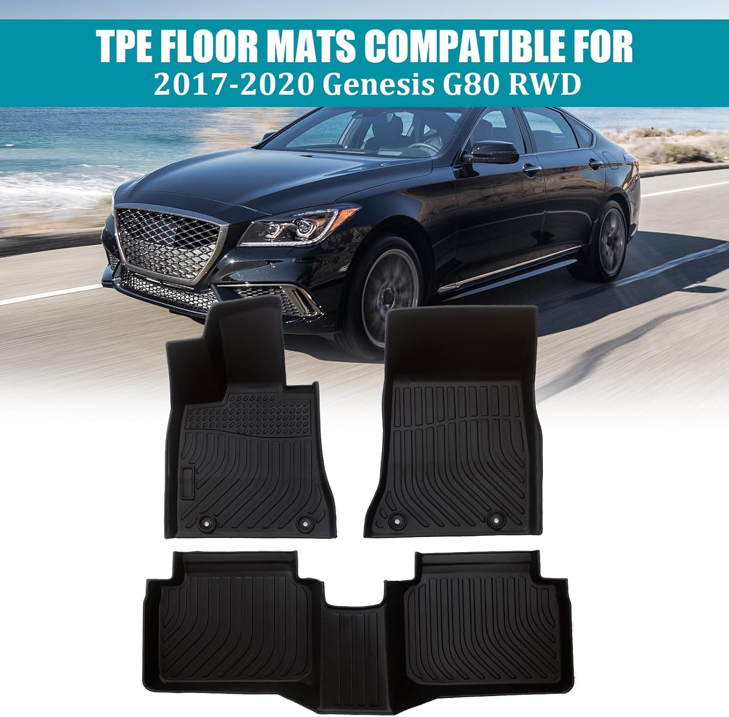 All-Weather Car Floor Mats Compatible with 2017 2018 2019 2020 Genesis G80 RWD, Custom Fit TPE Rubber Carpet Liners Set (Black)
