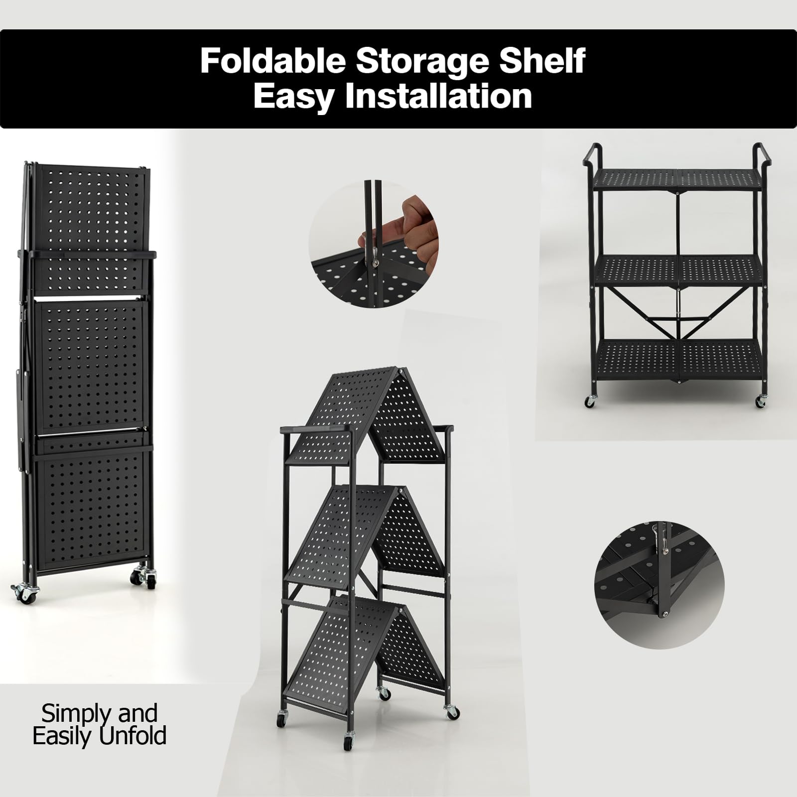 KOMFOTTEU Carrello Cucina Pieghevole a 3 Ripiani, in Mettallo, Scaffale Cucina con Ruote, Scaffale per Microonde, Forno, Tostapane, Carrello di Servizio Salvaspazio, 73 x 33 x 94 cm, Nero