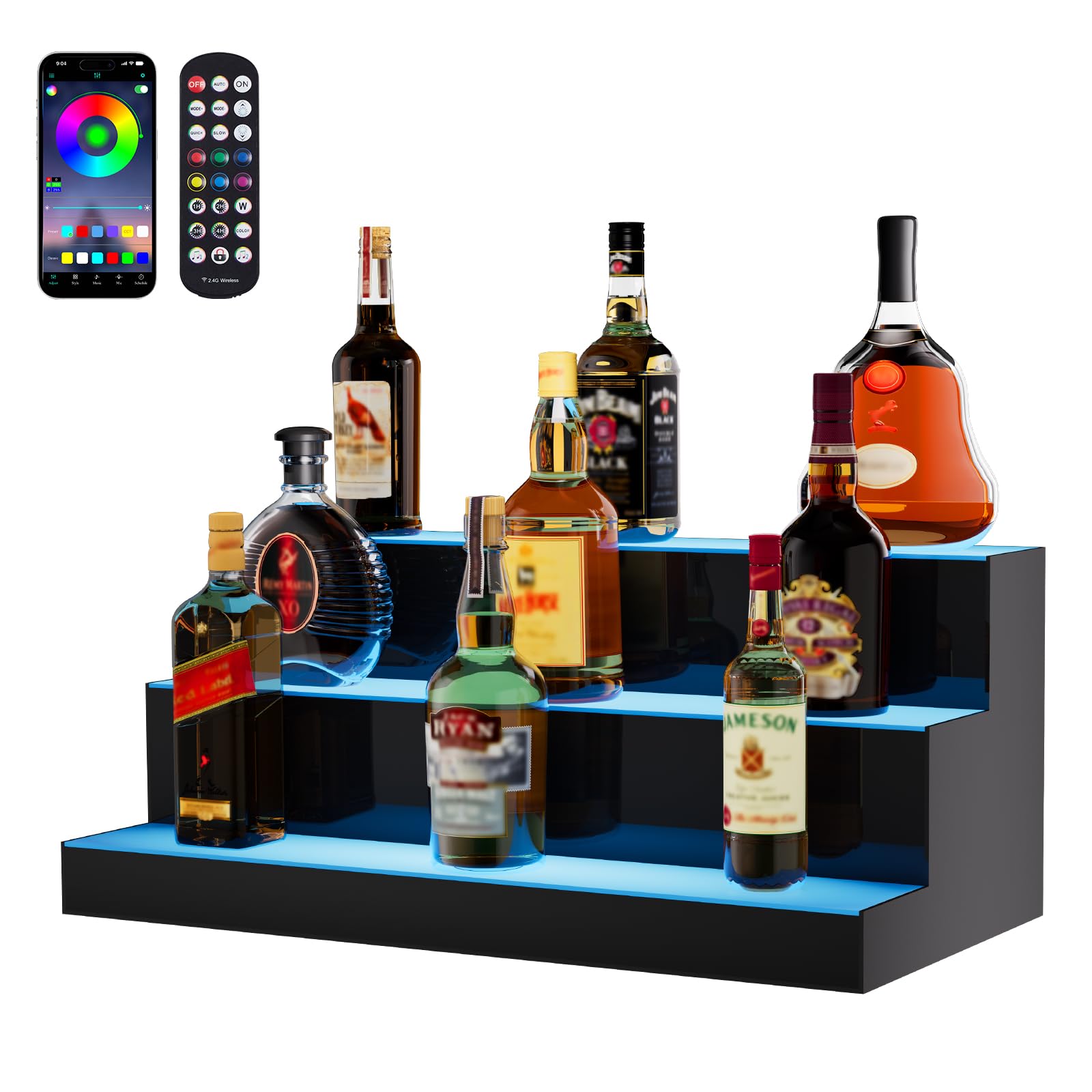 VEVOR LED Lighted Liquor Bottle Display, 3 Tiers 24 Inches, Supports USB, Illuminated Home Bar Shelf with RF Remote &amp; App Control 7 Static Colors 1-4 H Timing, Acrylic Lighted Shelf for 18 Bottles