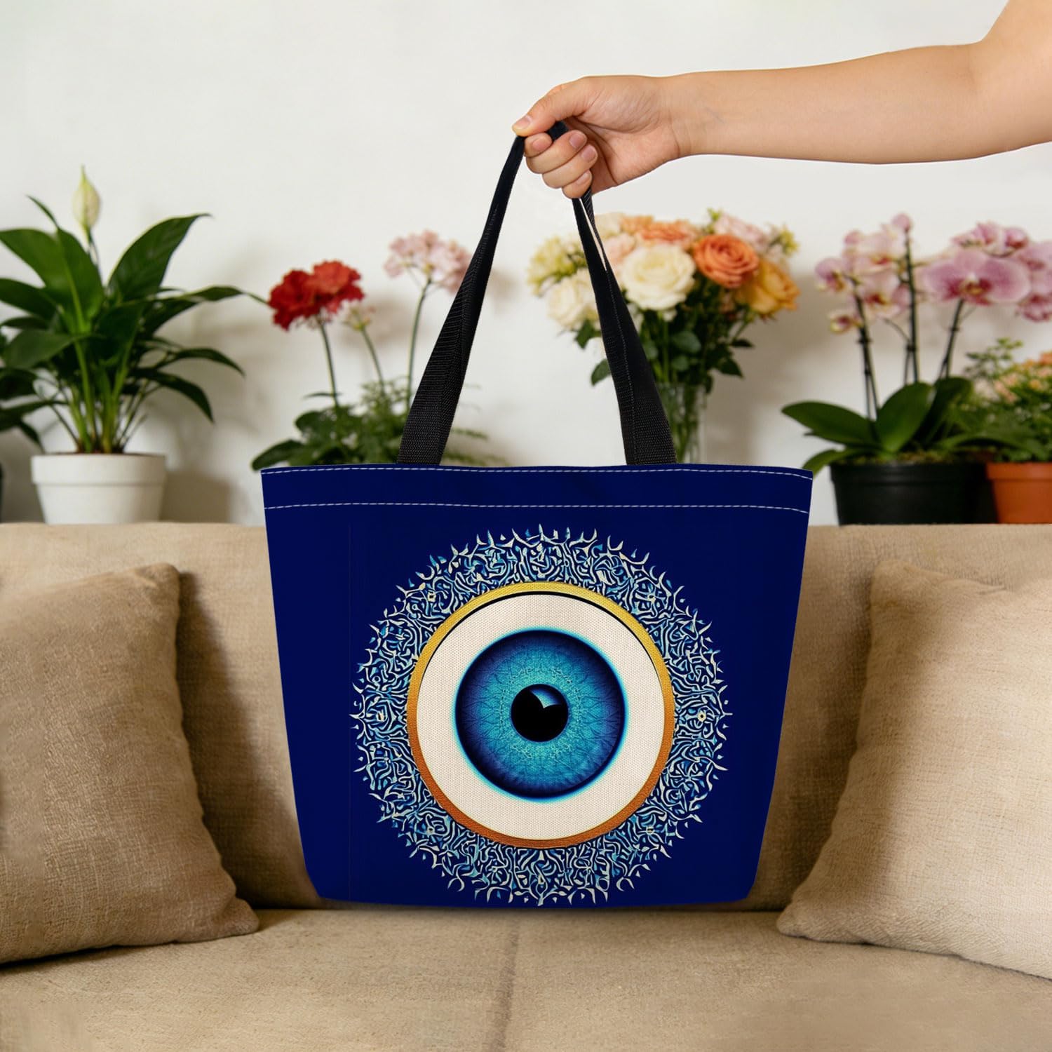Blue Eye Tote Bag Reusable Grocery Bags Aesthetic Shopping Shoulder Handbag with Interior Zipper Pocket Stylish Blue Evil Eye Present for Women - Image 3