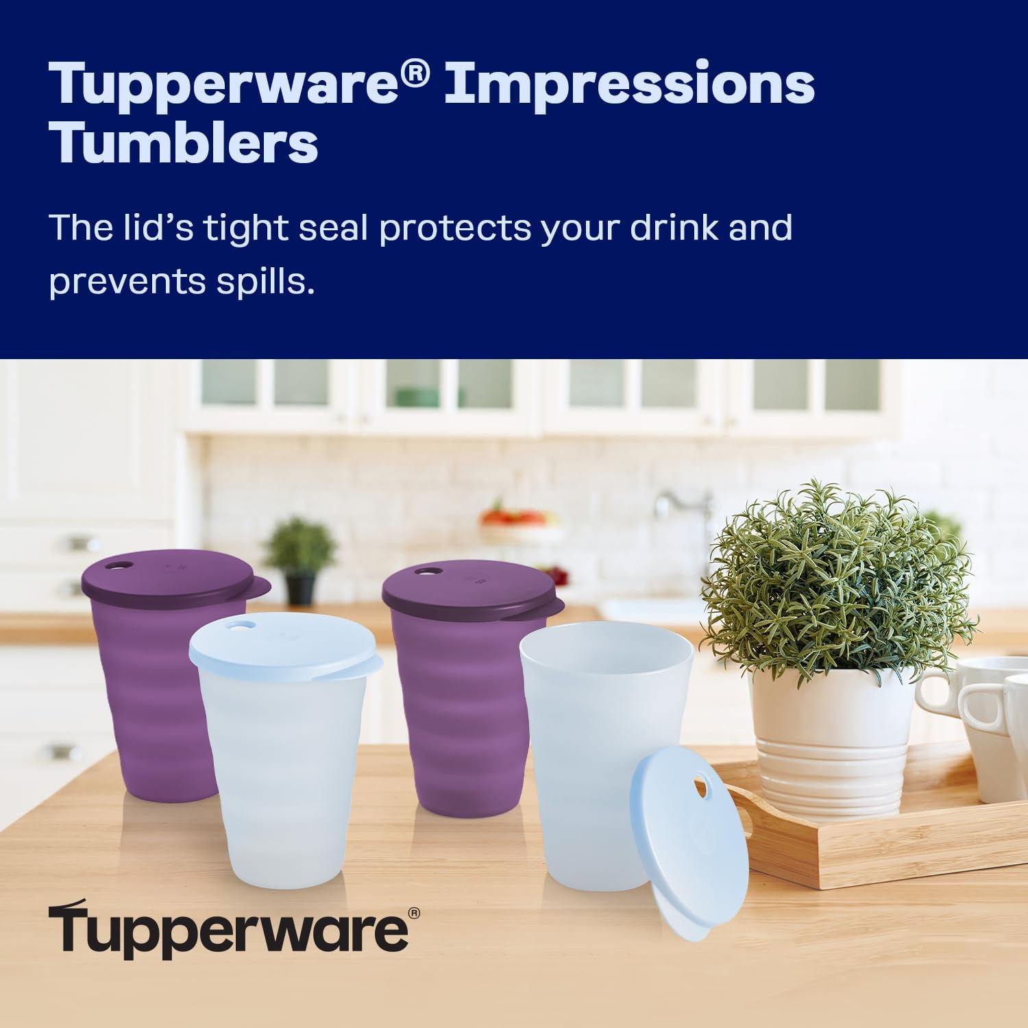 Tupperware Impressions Tumbler Set in Blue & Purple, 4 Count, Dishwasher Safe and BPA Free (4 Tumblers, 4 Lids, 17 fl oz each)