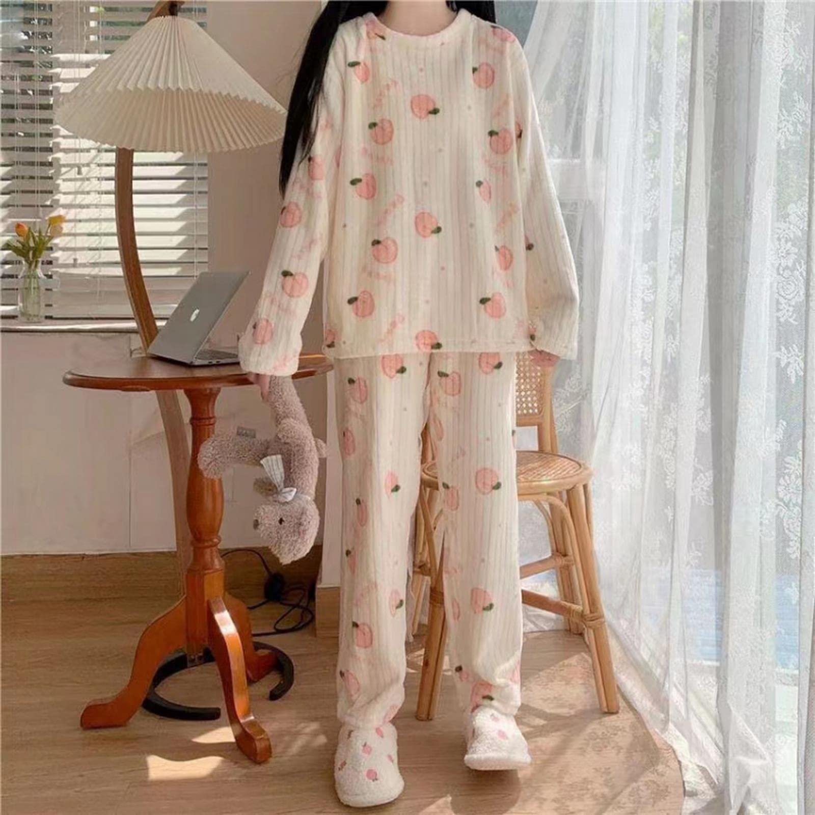 MOGSA Pijama para mujer, conjunto de pijama cálido para otoño e invierno, estampado de melocotón, ropa de dormir suave para mujer, conjunto de 2 piezas