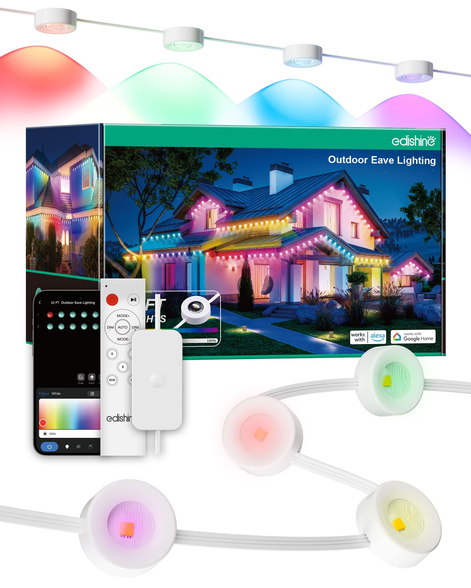 EDISHINE 120ft Smart Permanent Outdoor Lights, 80 LED RGB+IC+Warm/Cool White Eave Light, App+Voice+Remote Control, 50 Scene Modes, IP67 Waterproof for