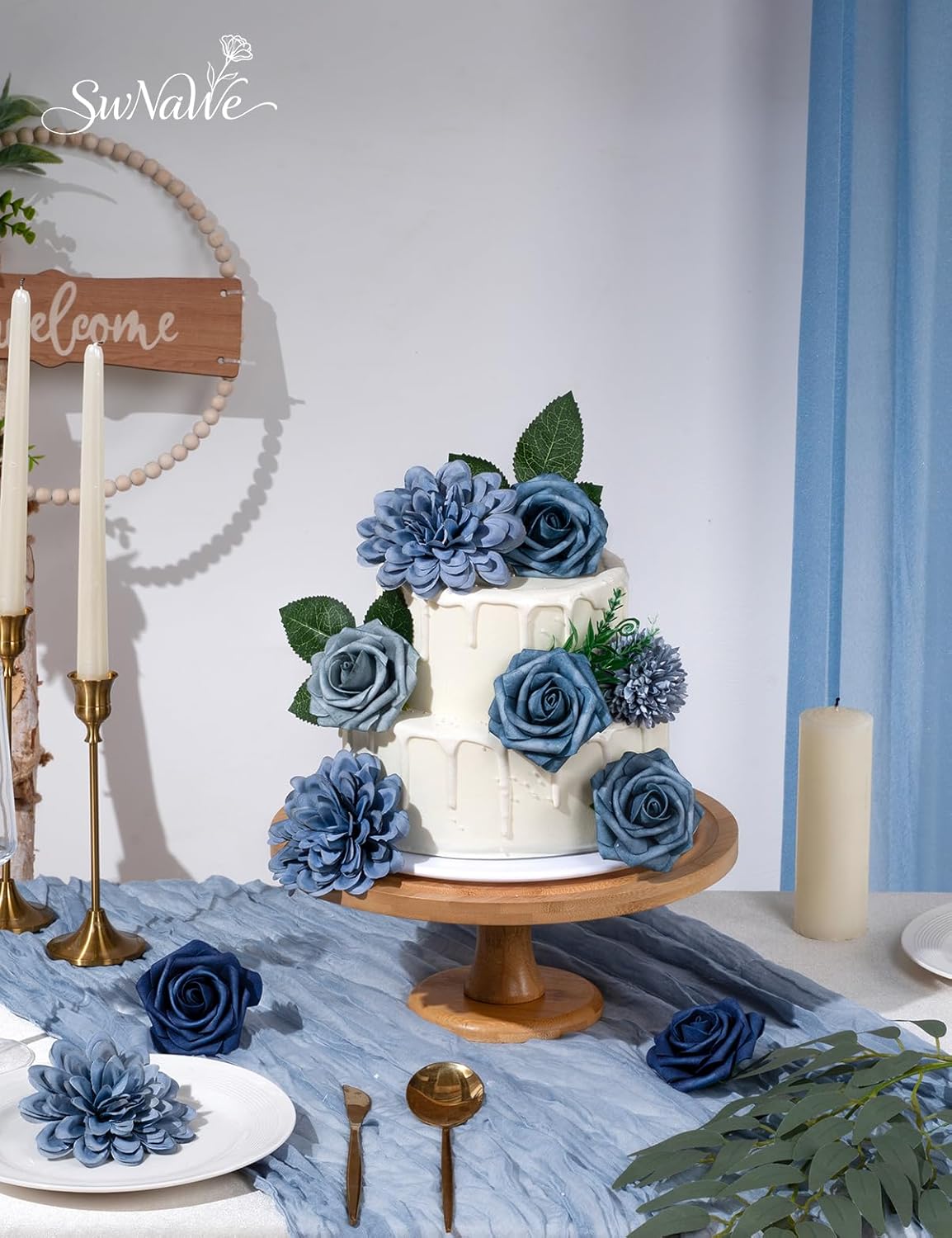 Dusty Blue Flowers Artificial Roses Combo Set Faux Blue Silk Flowers Fake Roses Mix Chrysanthemum Dahlia with Stems for Wedding Bouquets Baby Bridal Shower Party Floral Arrangements Decor