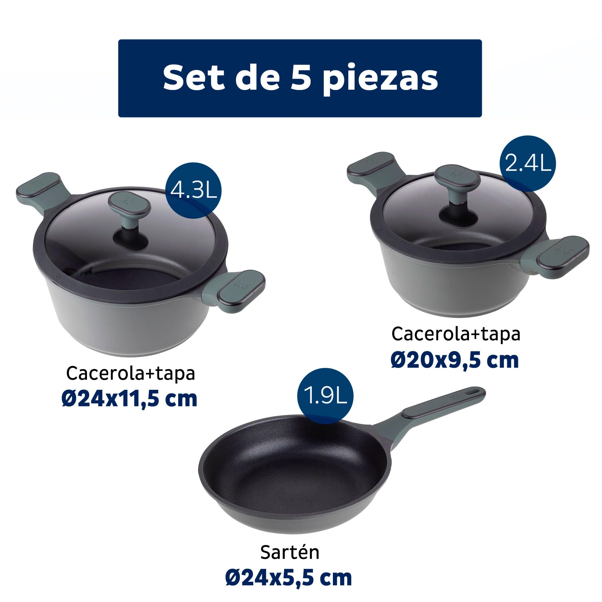 Zestaw 5pcs bateria kuchenna: patelnia bez pokrywy 24 (1,9 L), patelnie z pokrywką 20 (2,46L) i 24 cm (4,3L), odlewane aluminium, nadaje się do indukcji, kolekcja Solo od San Ignacio