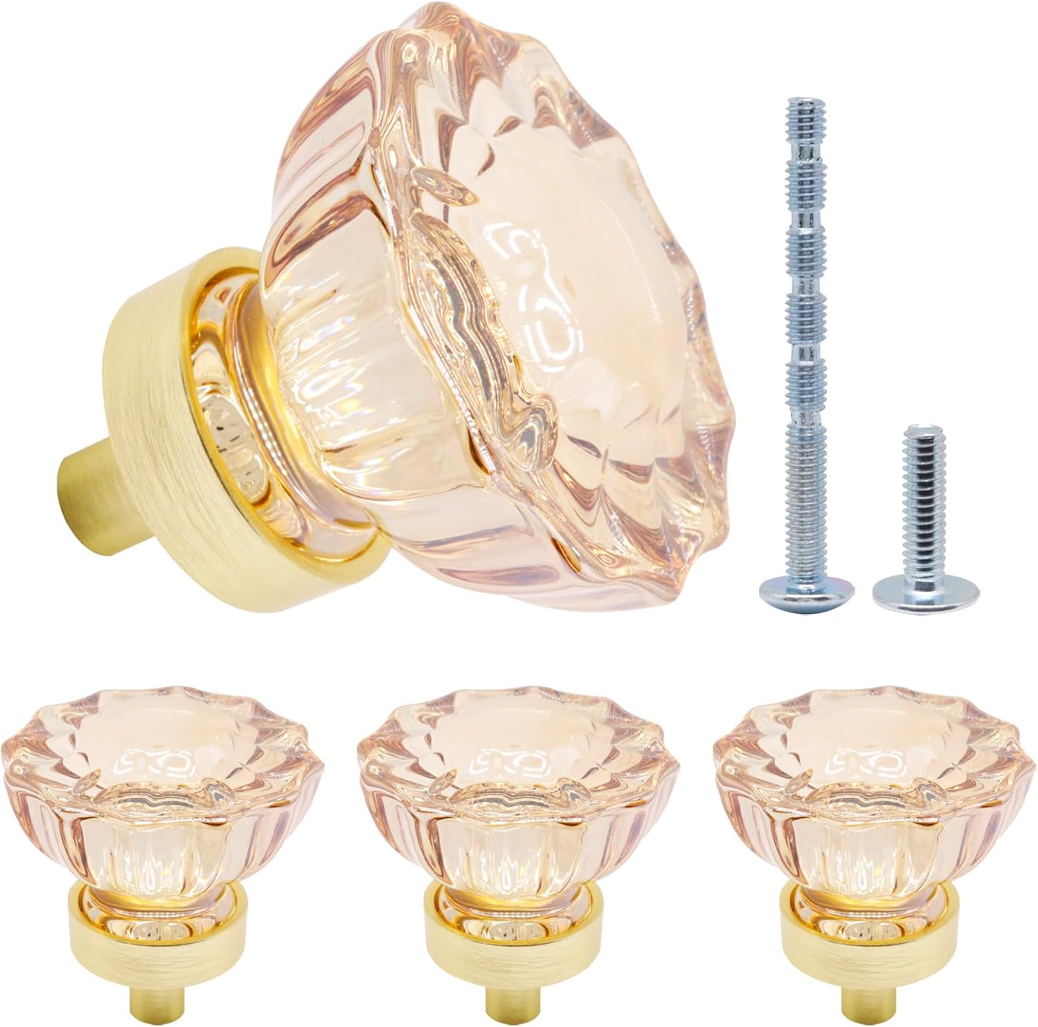 4pcs Cabinet Knobs, Glass Knobs for Cabinets Dia. 1.4" Crystal Knobs for Dresser Gold Cabinet Pulls Furniture Dresser Knobs Glass Drawer Knobs Handles for Bathroom Kitchen (Flower, Champagne)