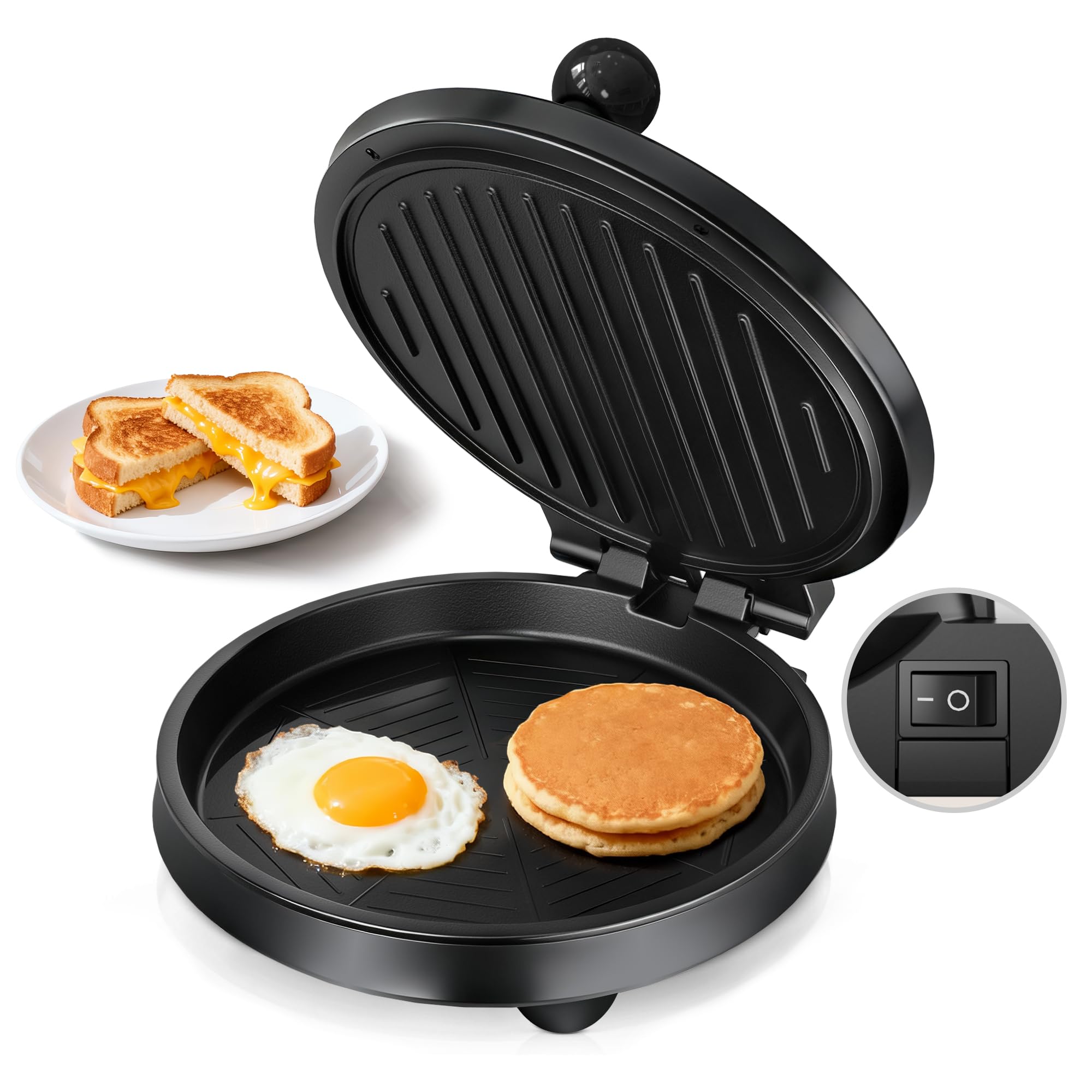 Photo 1 of 3-in-1 Electric Griddle & Panini Press - CACHOO 8" Nonstick Round Griddle and Sandwich Press with On/Off Switch, 180° Open Design, Perfect for Pancakes, Omelettes, Quesadillas, Veggies (Black)