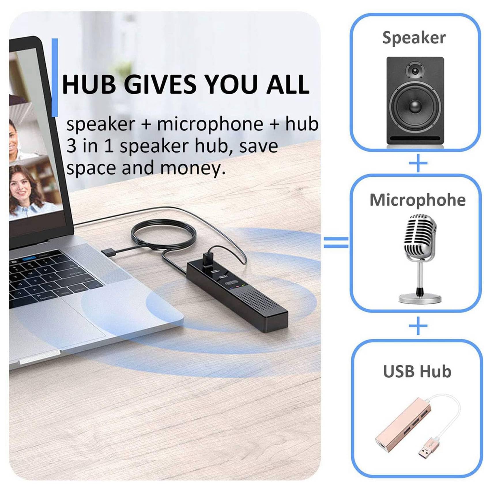 4 x głośniki komputerowe 3 w 1 z mikrofonem i głośnikiem konferencyjnym USB, mikrofon PC do wideokonferencji