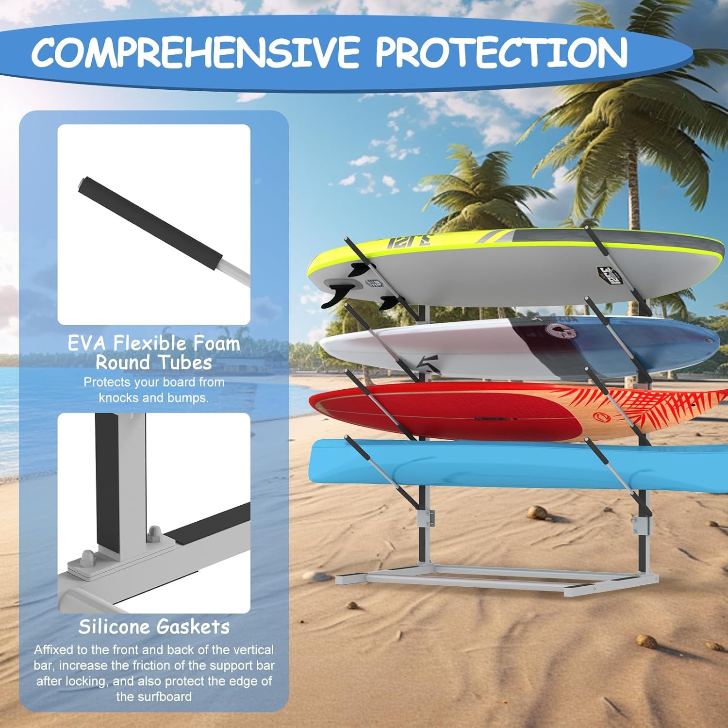 Nisorpa Support de rangement pour kayak à 4 niveaux, support de rangement réglable et autonome pour planche de surf, support de kayak robuste avec tapis en silicone antidérapant et mousse pour