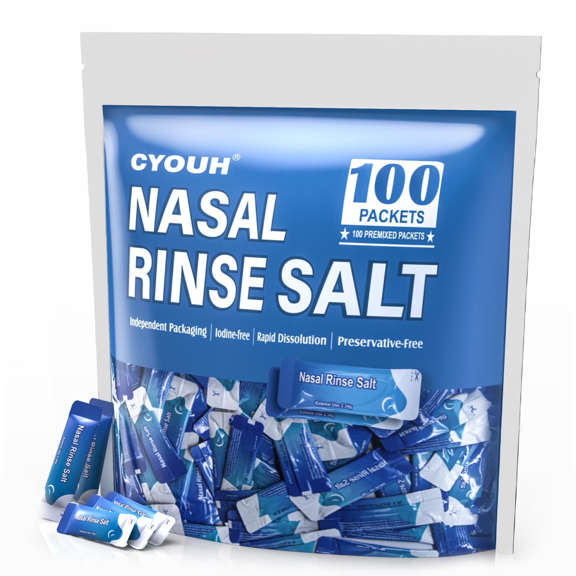 CYOUH Vakuumverpackte Salzlösung Beutel für Nasenspülung (2,34g) - Nasendusche Salz für Neti Pot, Nasenreinigungssystem - Individuell verpackte Kochsalzlösung Refill-Pads