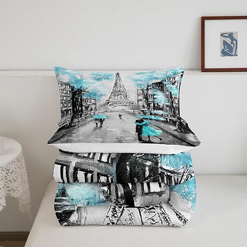 Miniatura 5 de Juego de edredón azul de París para dormitorio, tamaño Queen, color verde azulado, gris, Torre Eiffel, juego de ropa de cama para parejas, para