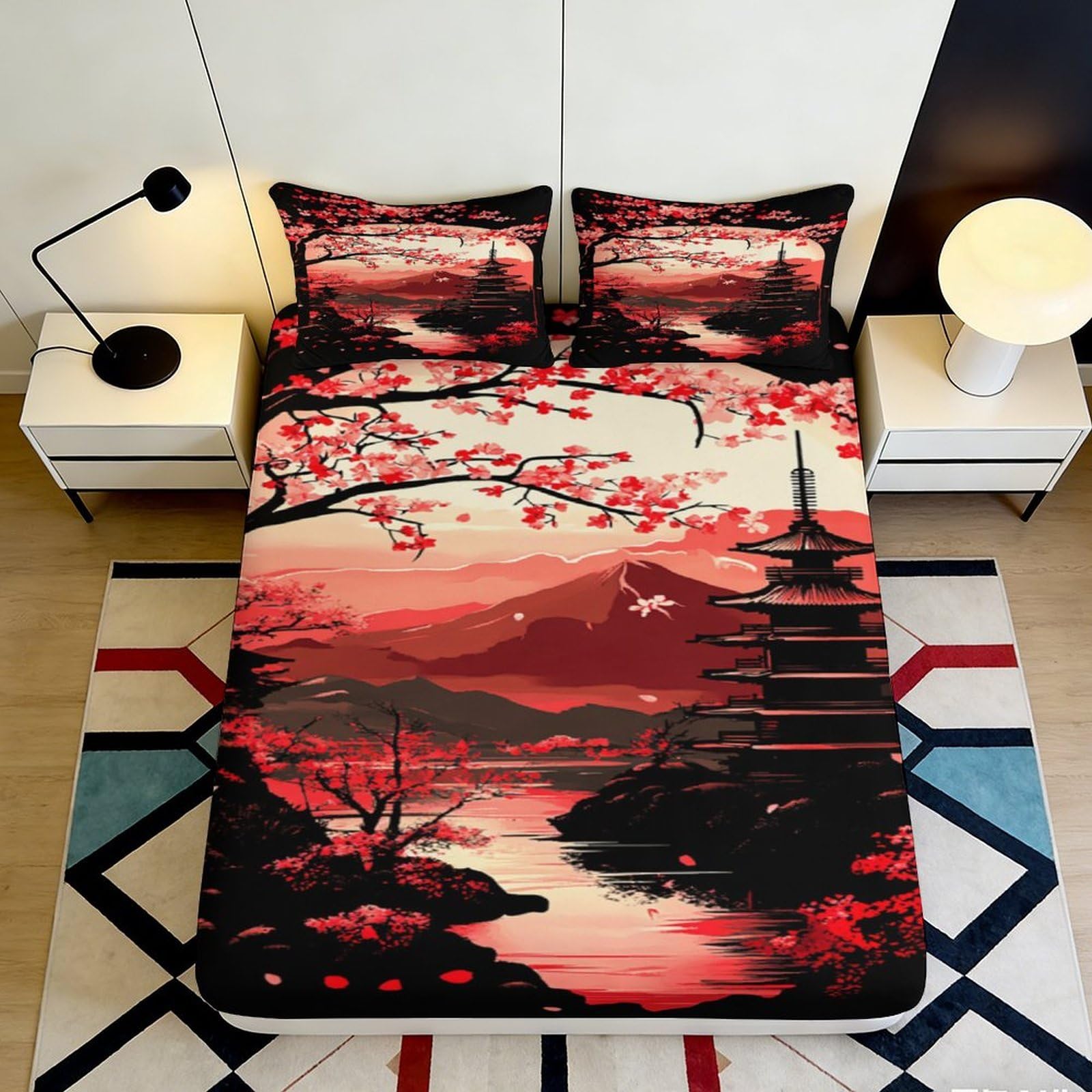 3D Printed Japanese Sakura Fitted Sheet Microfiber Soft Durable Cherry Blossom Bed Cover for Bedroom Dormitory Guest Room Mattress Protection 120x200x25cm